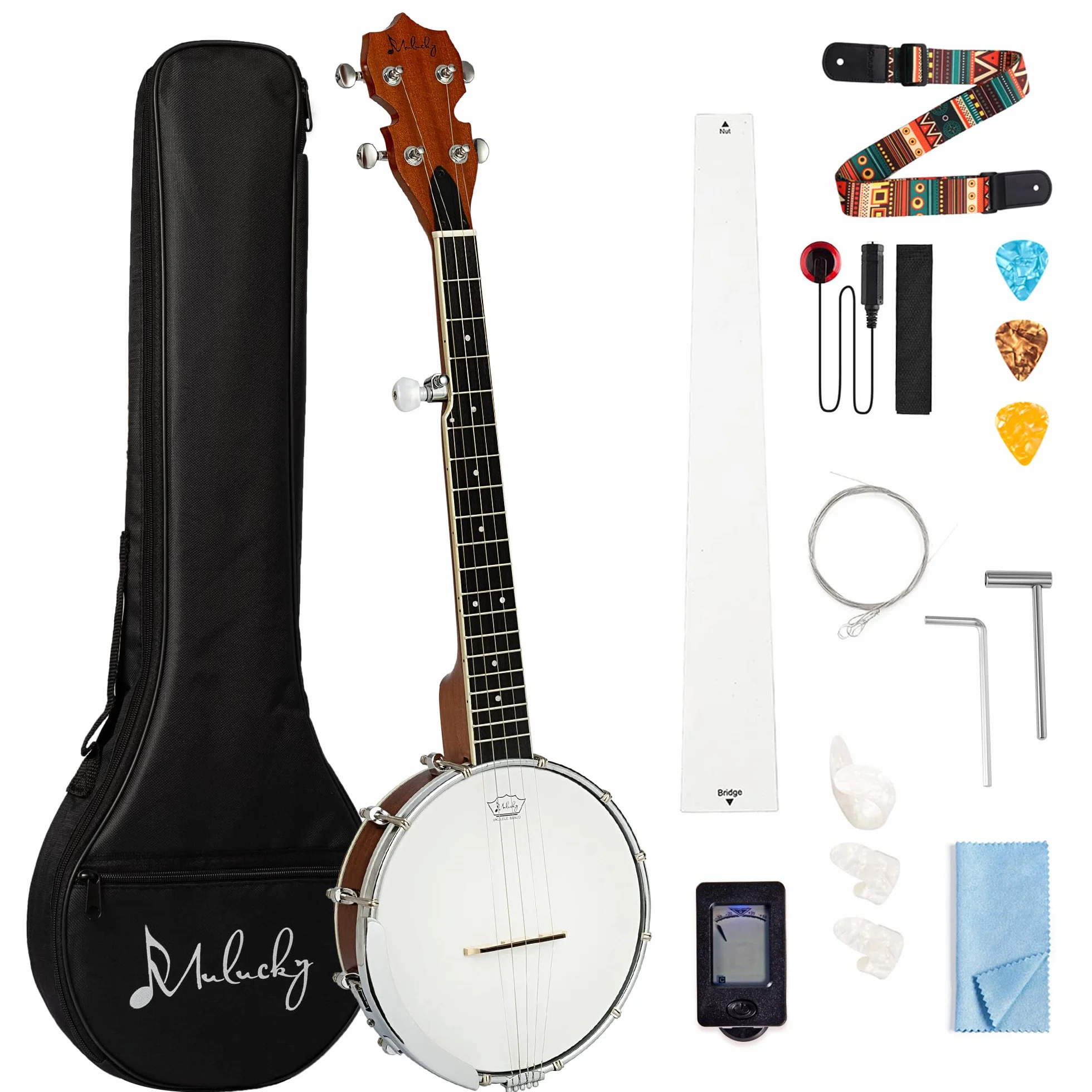 5-saitiges Banjo Mini – Mulucky 26 Zoll Reisebanjo, Korpus aus Sapele, geschlossene massive Rückseite, Anfängerset mit Gigbag, Plektren, Saiten, Gurt – B806