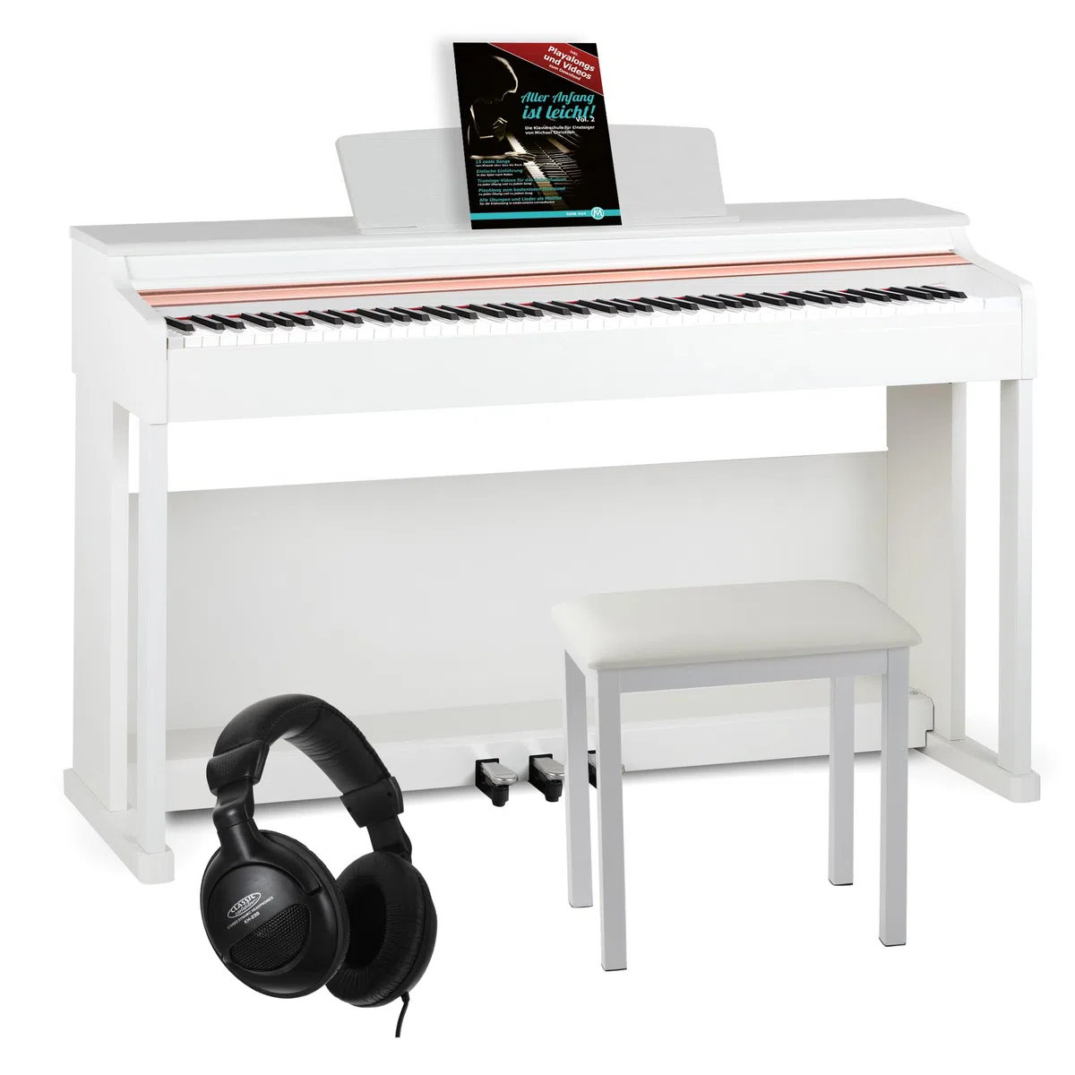 McGrey DP-19 WM E-Piano Set - 88 gewichtete Tasten mit Hammermechanik und Anschlagdynamik - 8 Klänge - Tastaturabdeckung - inkl. Klavierbank, Kopfhörer und Klavierschule - Weiß matt