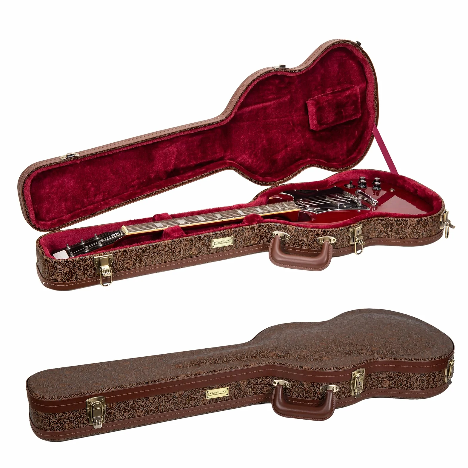 Crossrock Designer Serie – Holzkoffer für Gibson SG Elektrogitarren – Sicherheitsschloss, Metallfüße, Lagerraum – Blühend Braun (CRW530SGBQ)