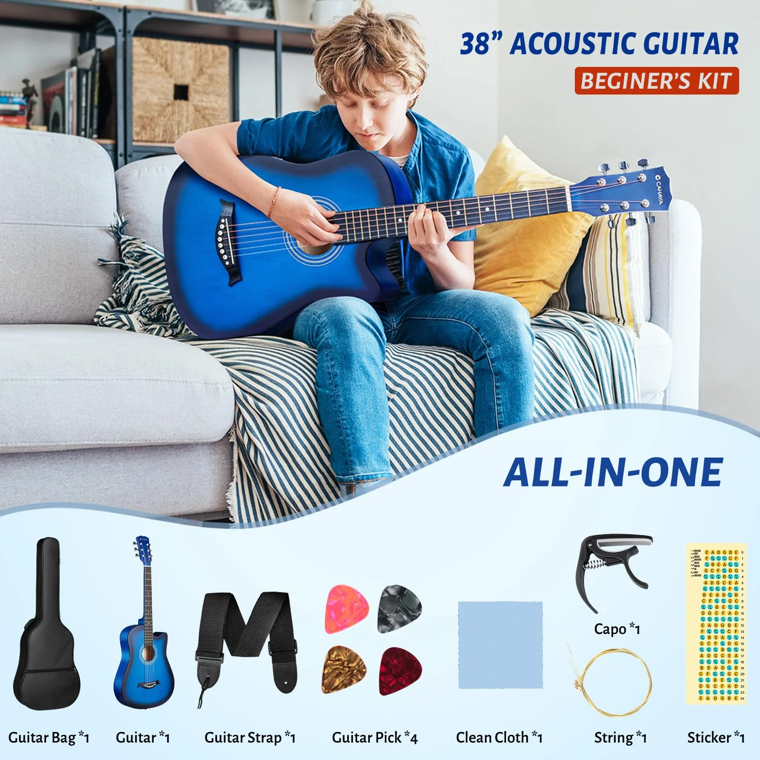 CAHAYA 38 Zoll Akustikgitarre Lindenholz: Akustikgitarren Set für Anfänger, Kinder und Erwachsene, kommt mit Tragetasche, Ersatzsaiten, Kapodaster, Plektren, Skalenaufklebern, Blau CY0354