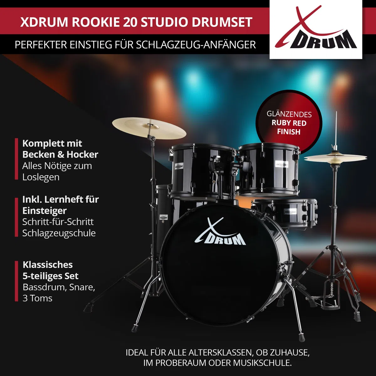 XDrum Rookie Schlagzeug Set Drumset Schwarz (20" BD, 10", 12", 14" TT, 14" SD, Übungsbecken bestehend aus einem Satz Hi-Hat-Becken 14" und 1 Crash-Ride-Becken 16", inkl. Schule & Schlagzeugdämpferset)