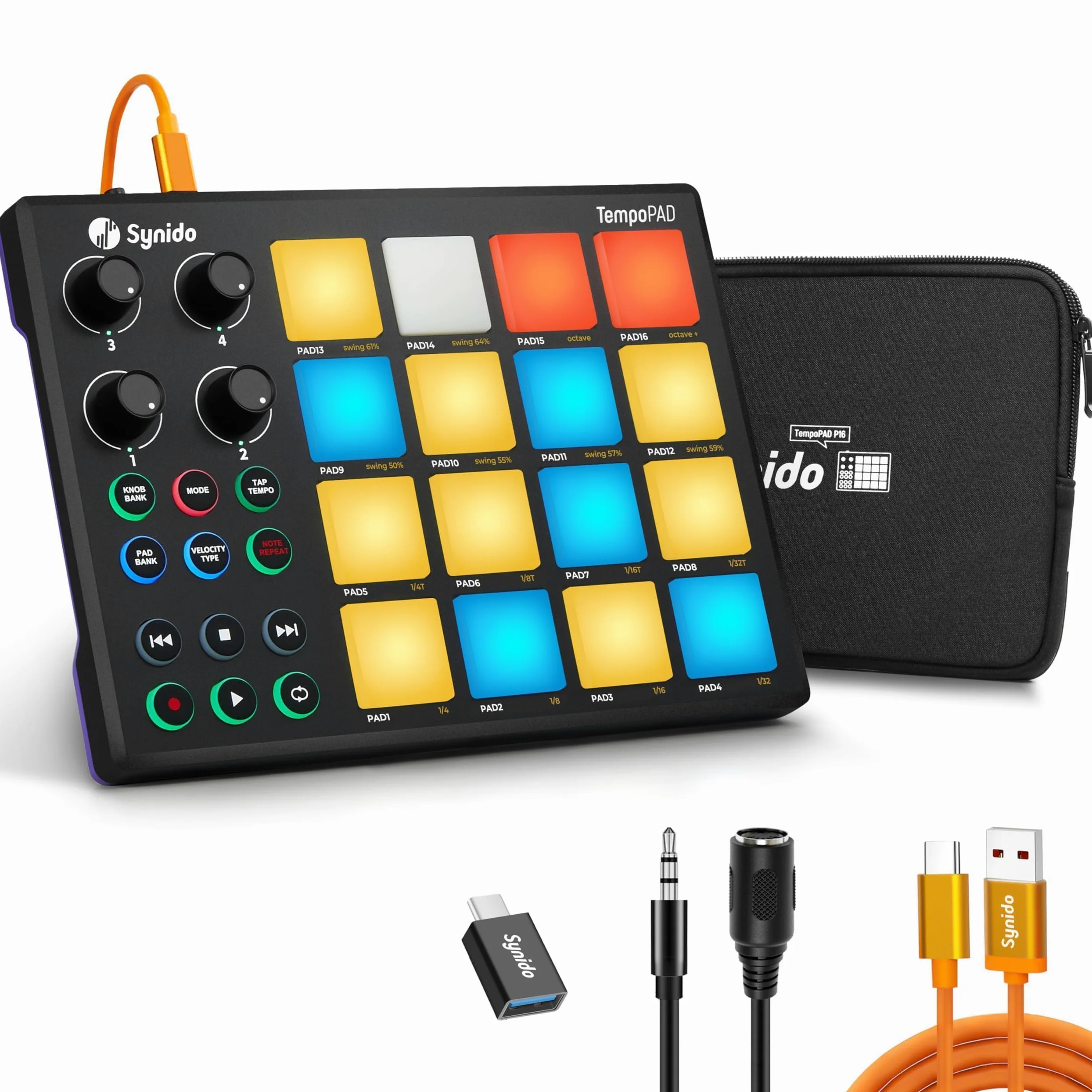 Synido MIDI Pad Controller Beat Maker Machine für Musikproduktion, TempoPAD Tragbares USB MIDI Beat Pad für Anfänger mit robuster Tragetasche, Hintergrundbeleuchtetes Schlagzeug-Pad, 4 zuweisbare