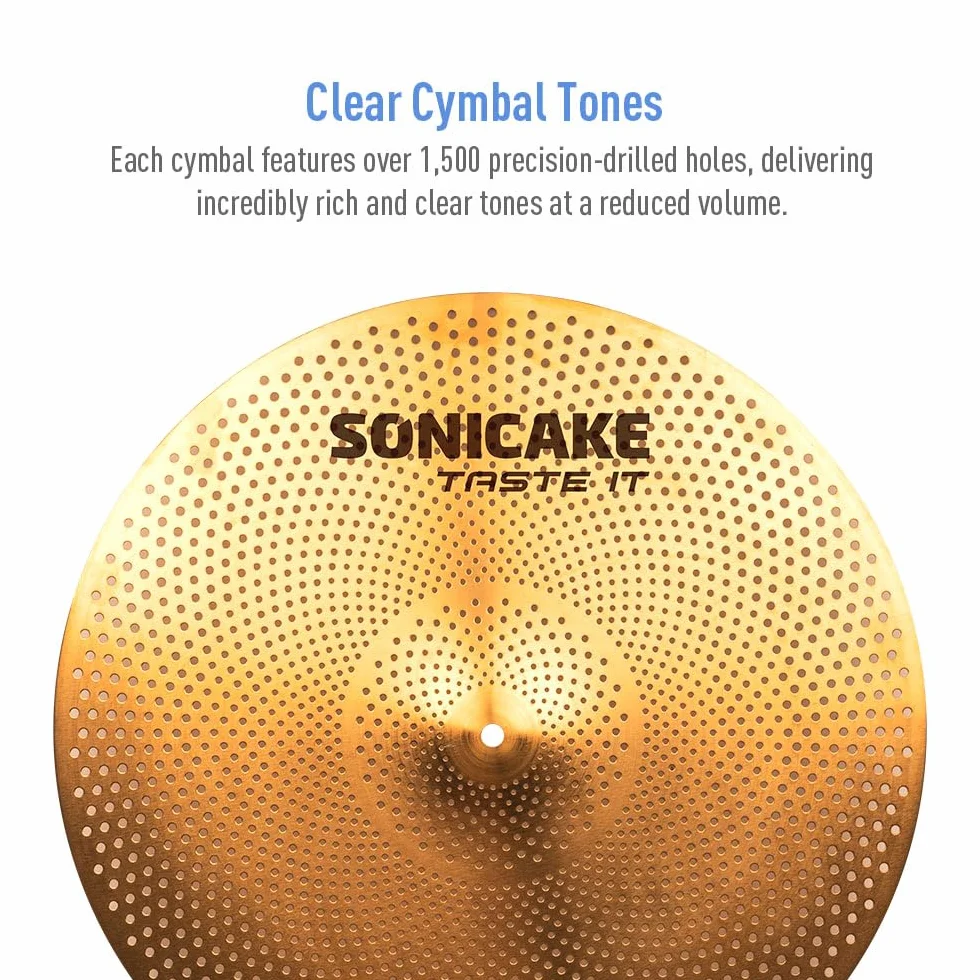 SONICAKE Cymbal Set Low Volume 14" HiHat 16" Crash 18" Crash 20" Ride Beckenset Golden 5 Stücke mit Tasche