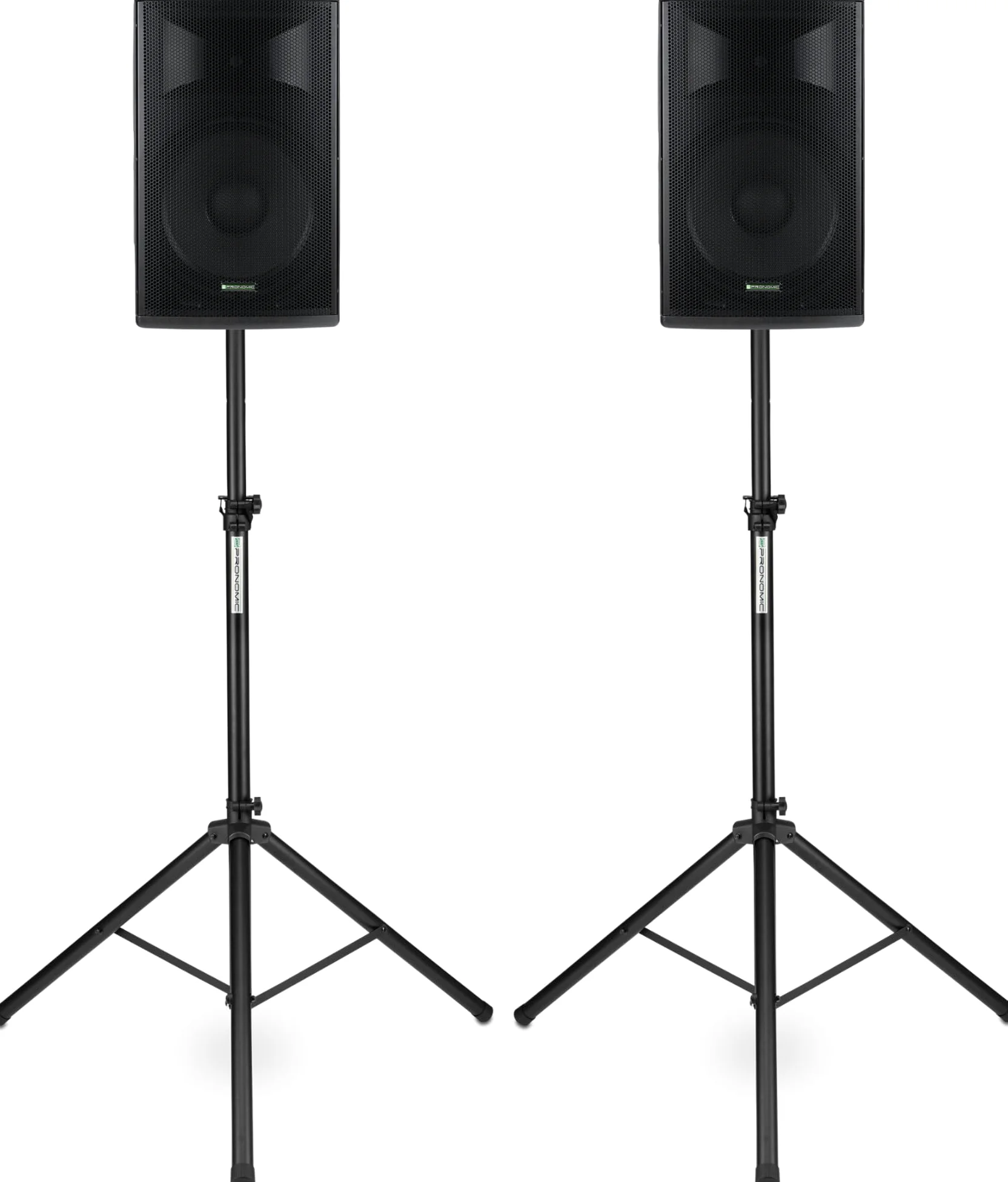 Pronomic E-212 MA Stative Set - 2 aktive 2-Wege Boxen - Leistung: 2X 120 Watt (RMS) - 12" Woofer + 1,0" Kompressions-Treiber - Bluetooth - MP3-Player mit USB/SD - Monitorschräge - inkl. Stative