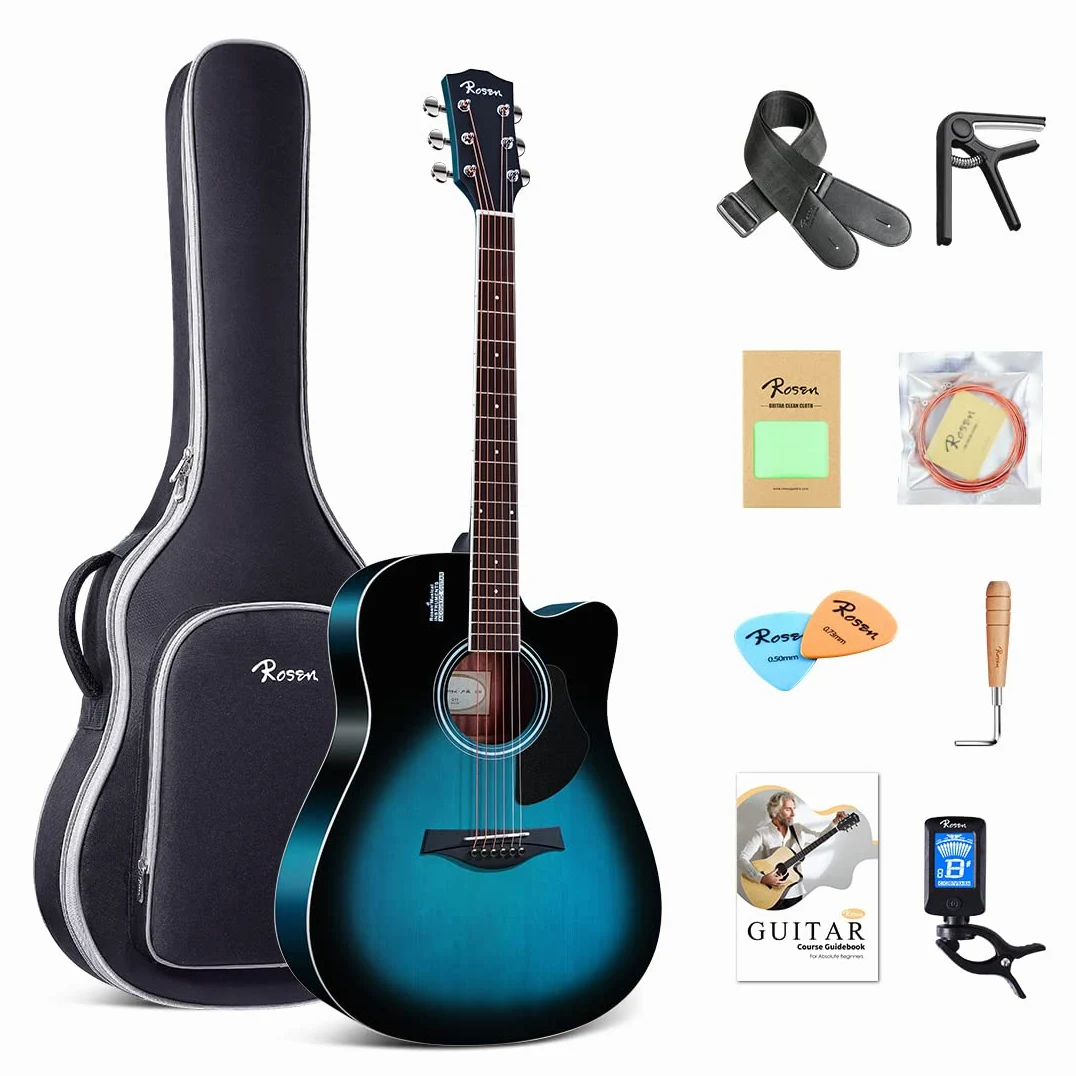 Rosen Solid Top Gitarre Dreadnought Akustikgitarre 41 Zoll Einsteiger-Gitarren-Bundle aus Fichte mit Buch, gepolsterter Tasche, Saiten, Plektren, Stimmgerät, Inbusschlüssel, Gurt, Poliertuch, blau