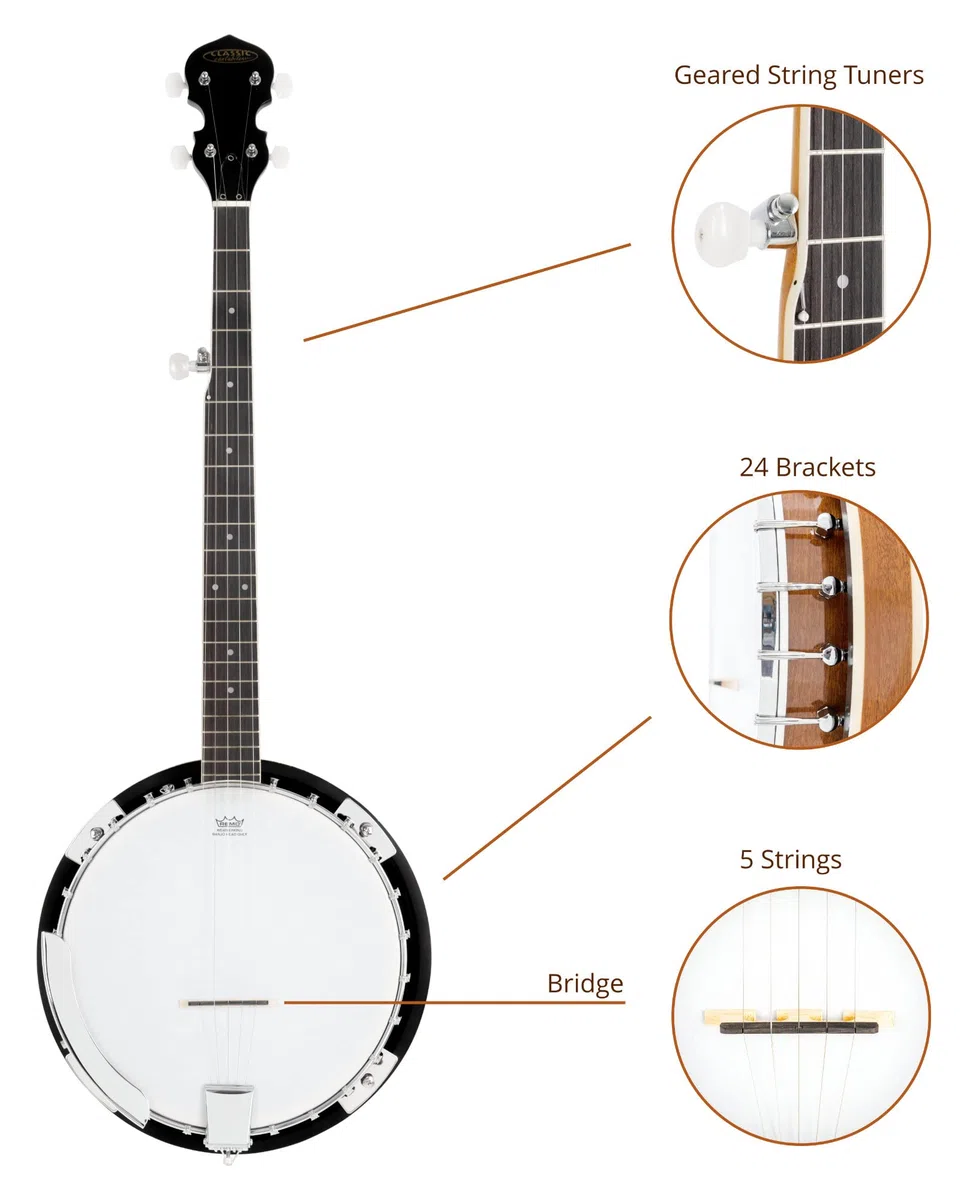 Classic Cantabile BB-5 5-String-Banjo - 5-saitiges Banjo mit Resonator - 11" Kessel und Resonator aus Linde - Griffbrett: Blackwood - 26" Mensur, 22 Bünde - Hochglanz