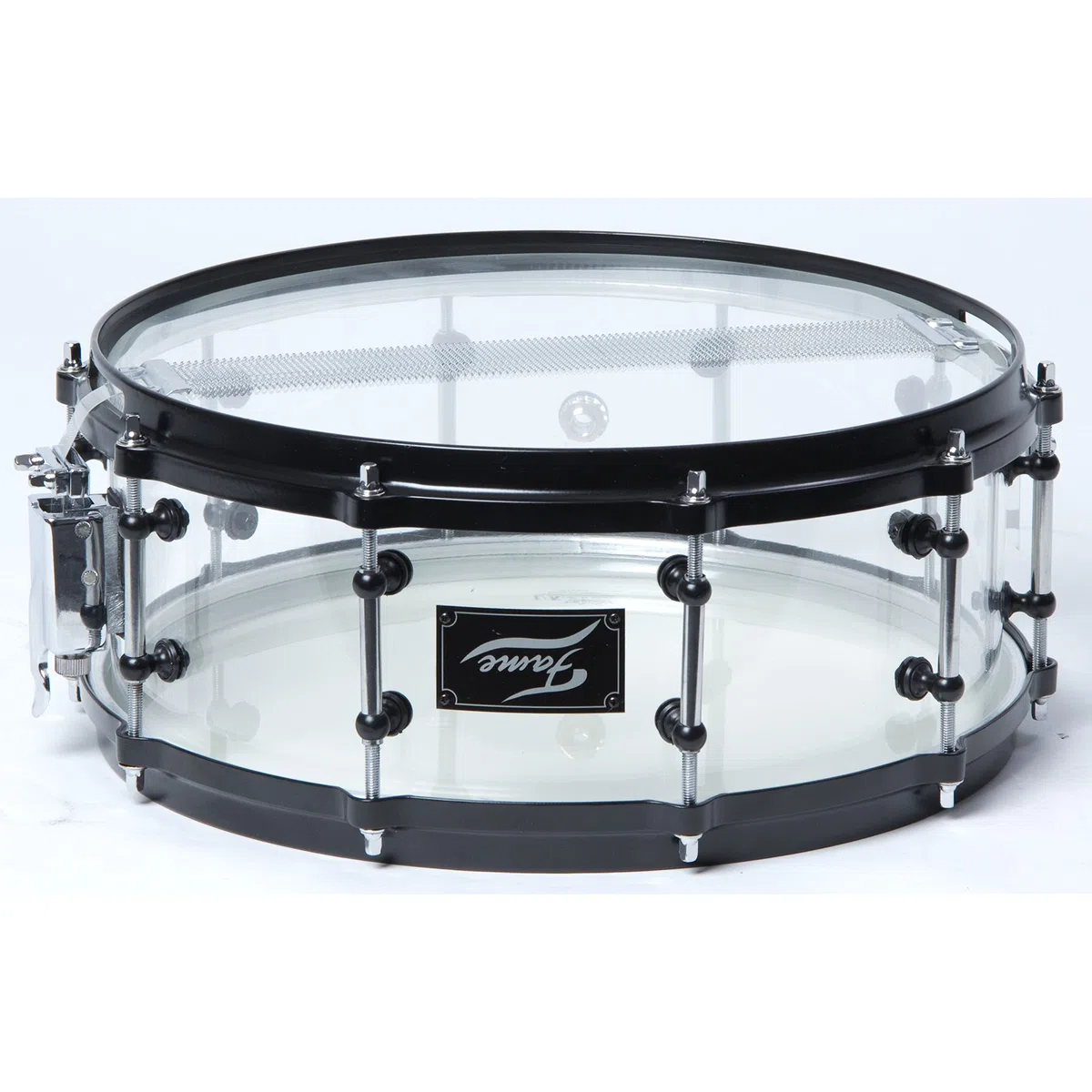 Fame Acryl Snare Drum, 14"x5.5", Transparent Clear, Black HW, Stahl Spannreifen, Tube Style Böckchen, Preisbrecher, Erstaunliche Resonanz und Optik"