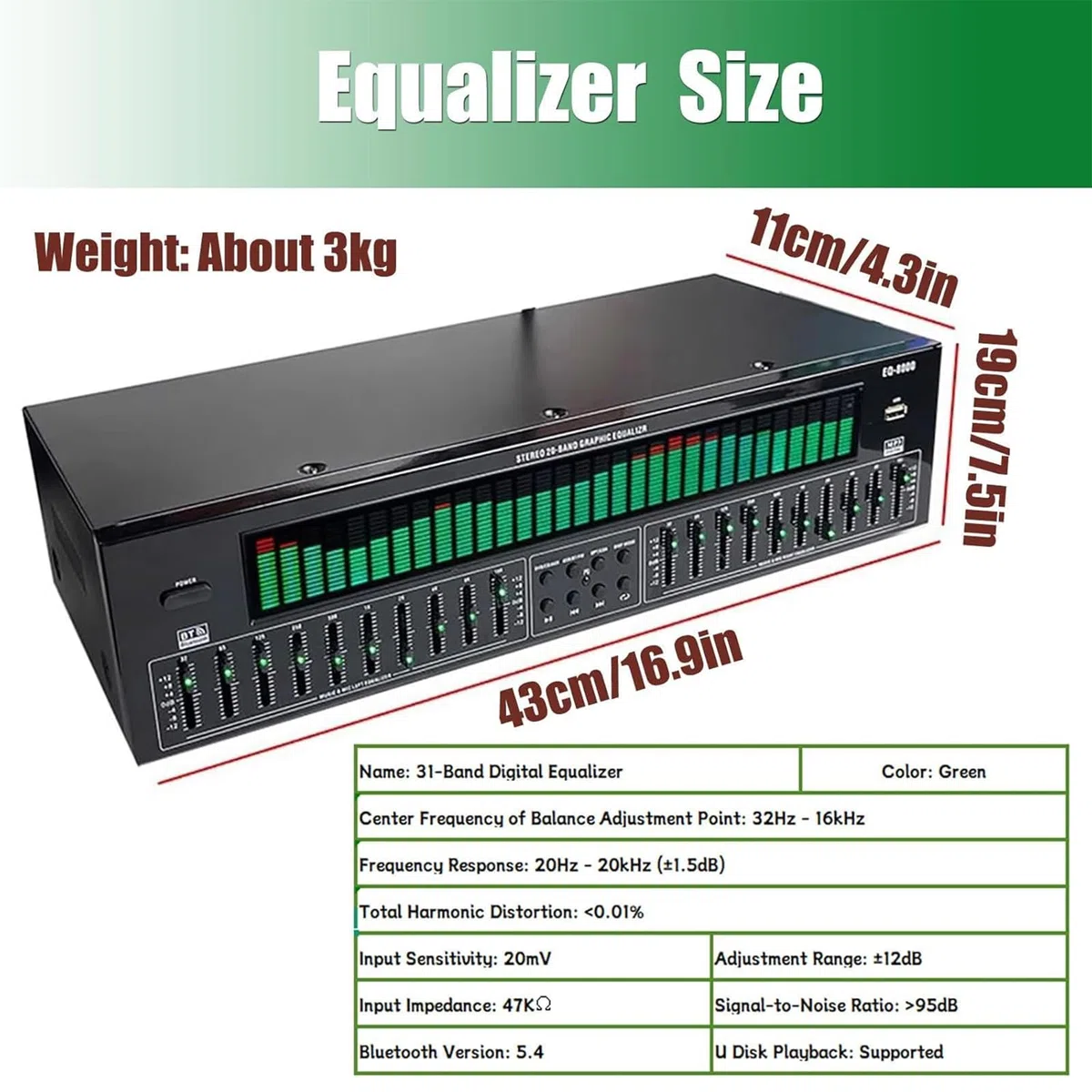 31-Band Digital Equalizer, EQ8000 Stereo Grafischer Equalizer mit Fernbedienung, Bluetooth 5.4 Optische Koaxial-Digital-Audio-Decodierung, 12 Rhythmusmuster, Rauschunterdrückung, für Aufnahmestudio