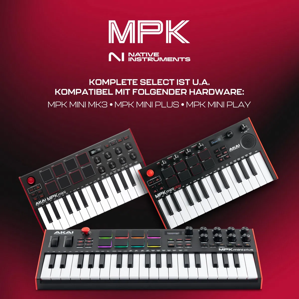 Akai Professional MPK Mini Play MK3 - MIDI Keyboard Controller mit Eingebautem Lautsprecher und Sounds, Dynamische Klaviatur, MPC Pads, Software und Native Instruments Sound Package