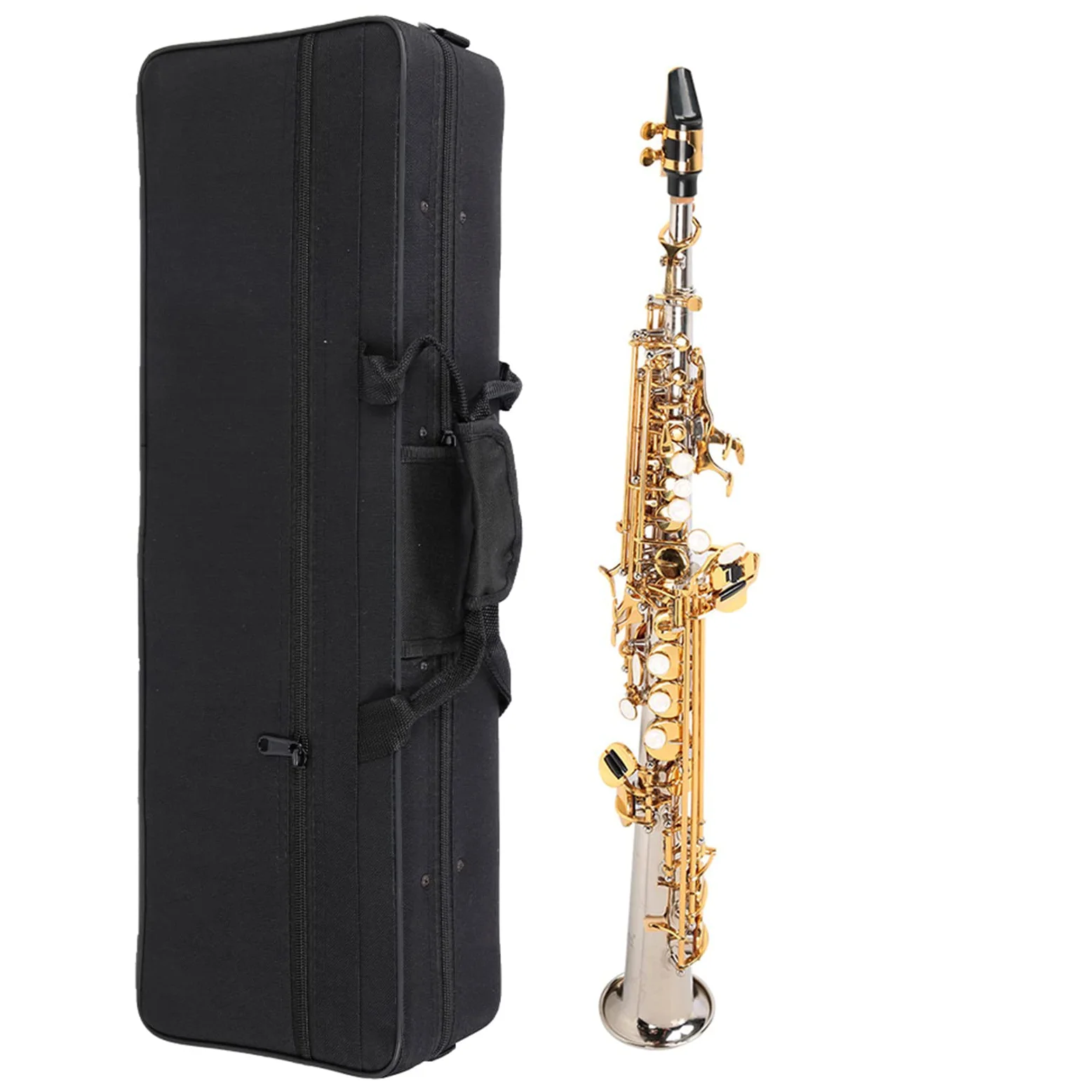 Oumefar-Saxophon aus Messing, 64 X 24 X 16, Professionelles Sopran-Saxophon aus Messing, Gerades Saxophon mit Versilbertem Rohr und Goldenen Tasten, mit Tragetasche