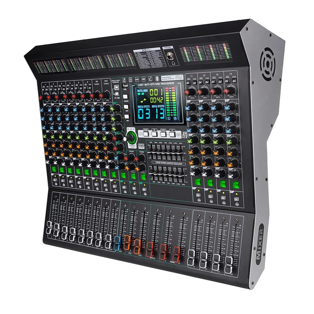 MD14 14-Kanal-Bühnenmixer, 99 DSP-Effekte, großer LED-Display-Mixer, USB-Wiedergabe, Bluetooth mp3 DJ-Konsole, eingebaute 48V-Stromversorgung, 9-Segment-Smart-Noise-Reducing-Mixer