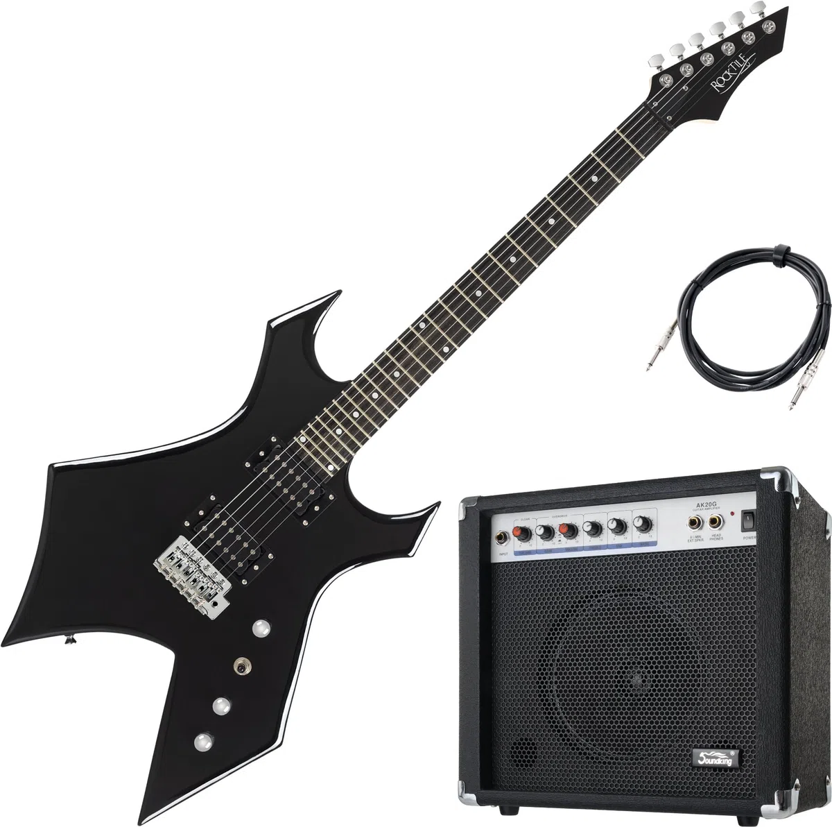 Rocktile Warhead E-Gitarre Set AK20G - Korpus aus Linde, Griffbrett aus selektiertem Hartholz - Set inkl. 60W Combo-Verstärker & Instrumentenkabel 3m – Ideal für Rock, Metal & mehr – Schwarz