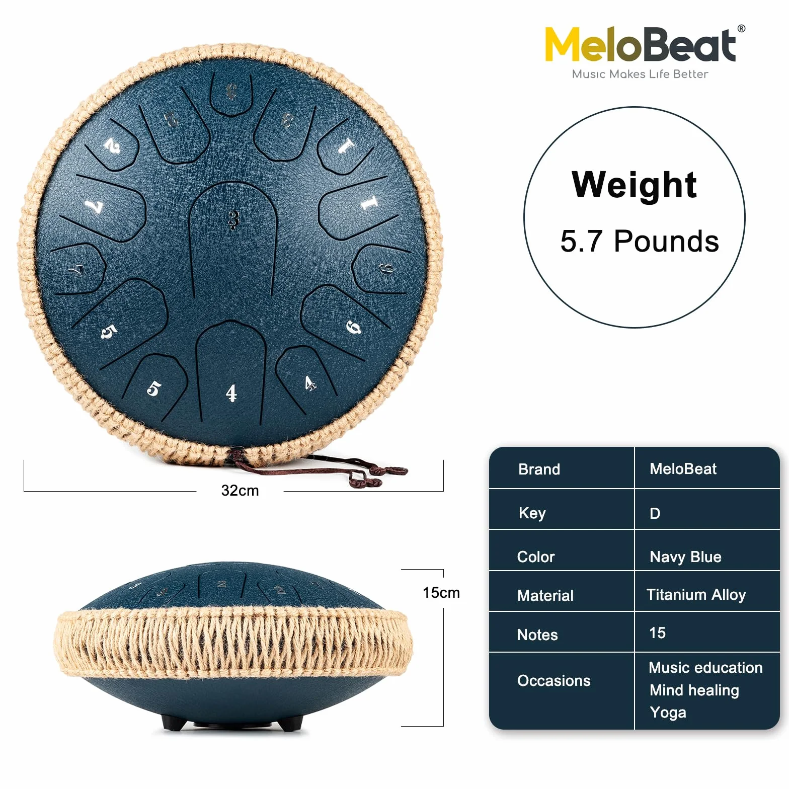 MeloBeat Zungentrommel 13 Zoll 15 Töne D Dur - Steel Tongue Drum Handpan Set inkl. Liederbuch, Schlagzeug Sticks, Tragetasche (Dunkelblau)