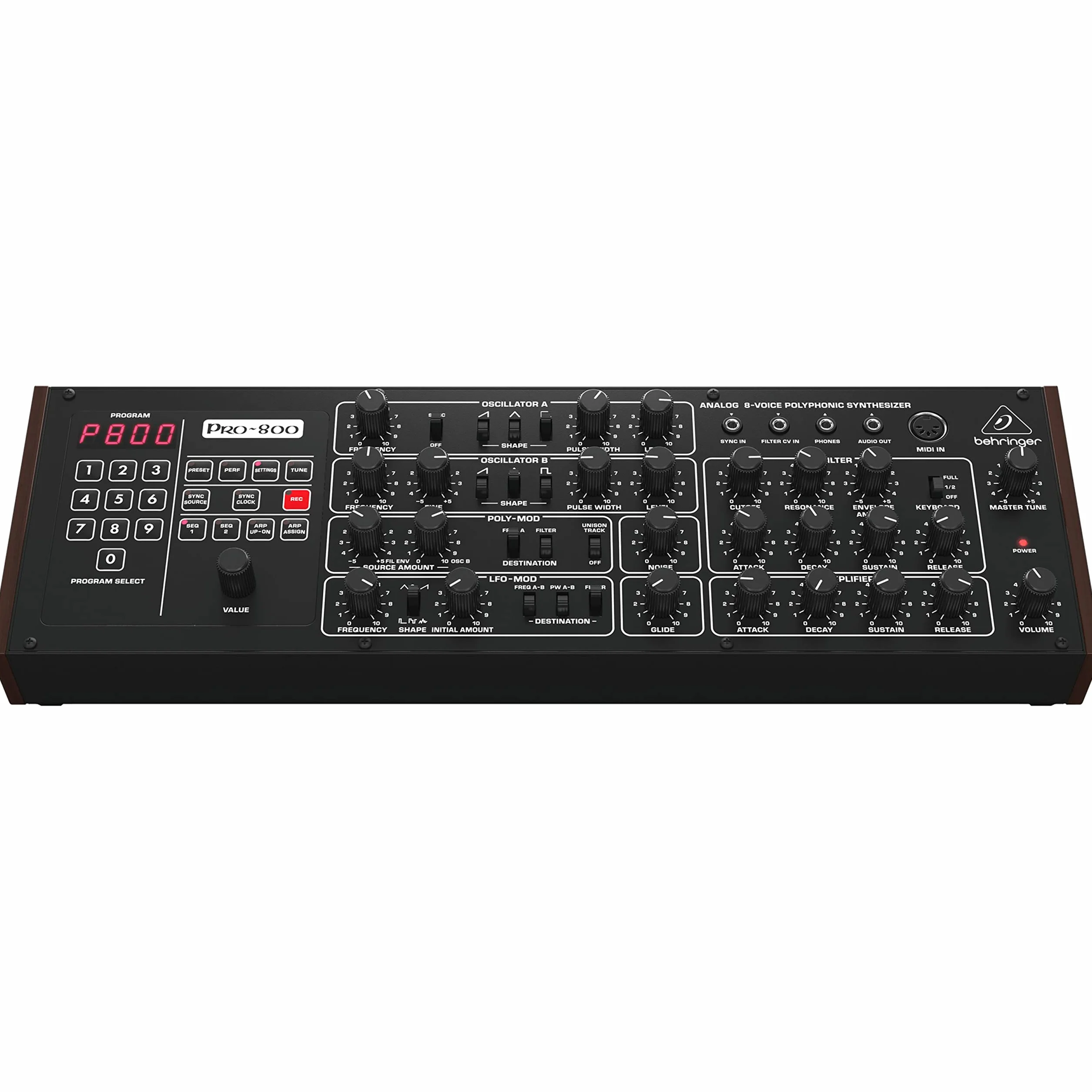 Behringer PRO-800 Klassischer analoger 8-stimmiger polyphoner Synthesizer mit 2 VCOs, klassischem VCF, Arpeggiator, Sequenzer und 400 Programmspeichern im Eurorack-Format