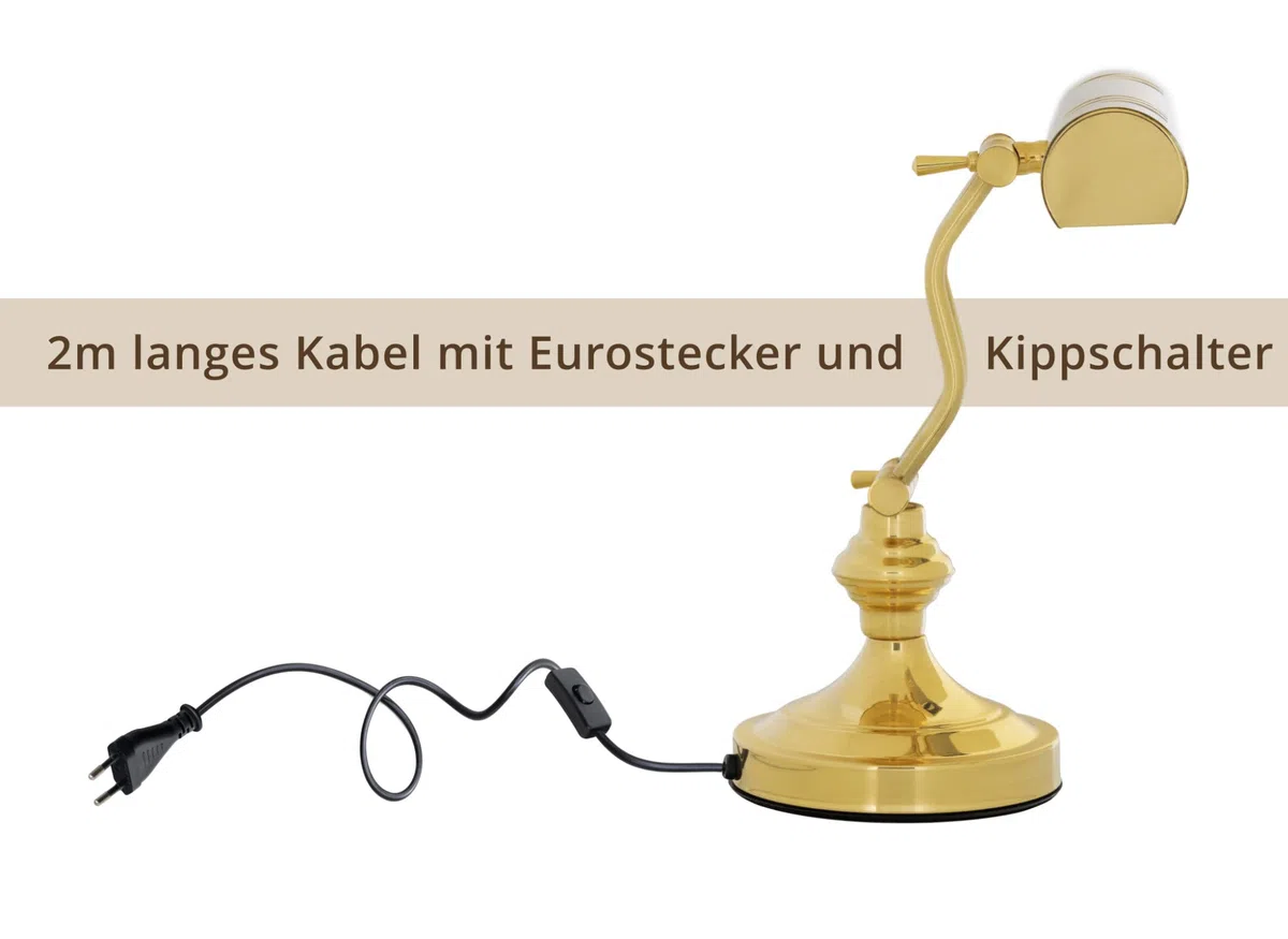 Classic Cantabile L3-A Messing Klavierleuchte Retro Pianoleuchte Vintage Schreibtischlampe 180 cm Kabel Leselampe