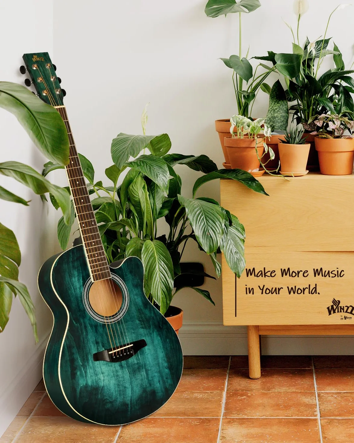 Winzz Akustikgitarre Blau-grün, Westerngitarre 40 Zoll, Gitarre Anfänger Set mit Gitarrenständer, Gitarren Plektrum, Gitarrengurt, Gitarrenstimmgerät, Gitarrentasche