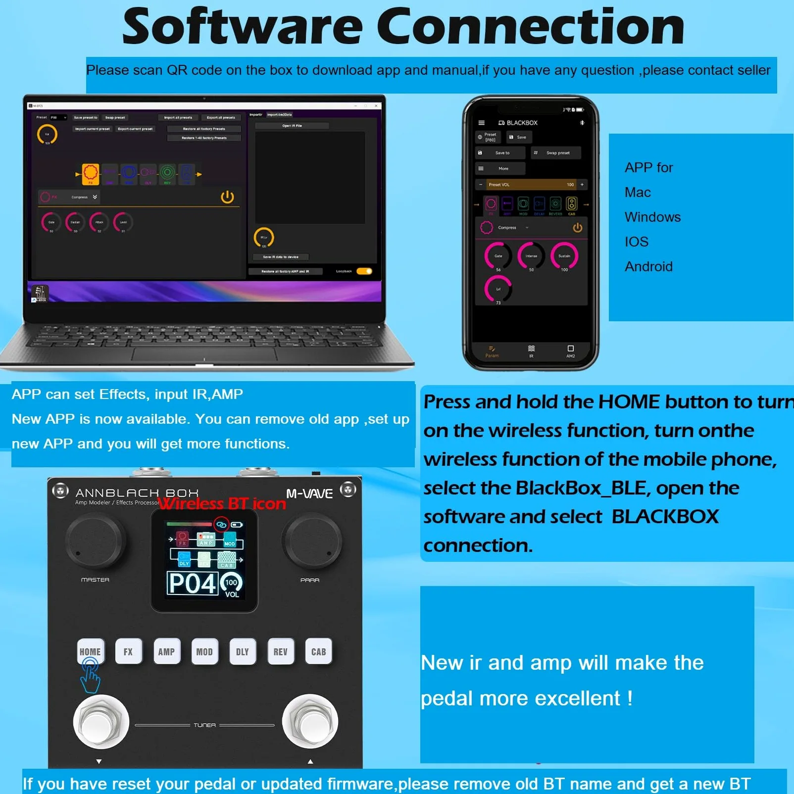 M-VAVE ANN Black Pedal Box Multi Effects Gitarren-Basispedal – 80 editierbare Voreinstellungen mit App, erstellen Sie Ihre Paremeter, eingebauter Akku