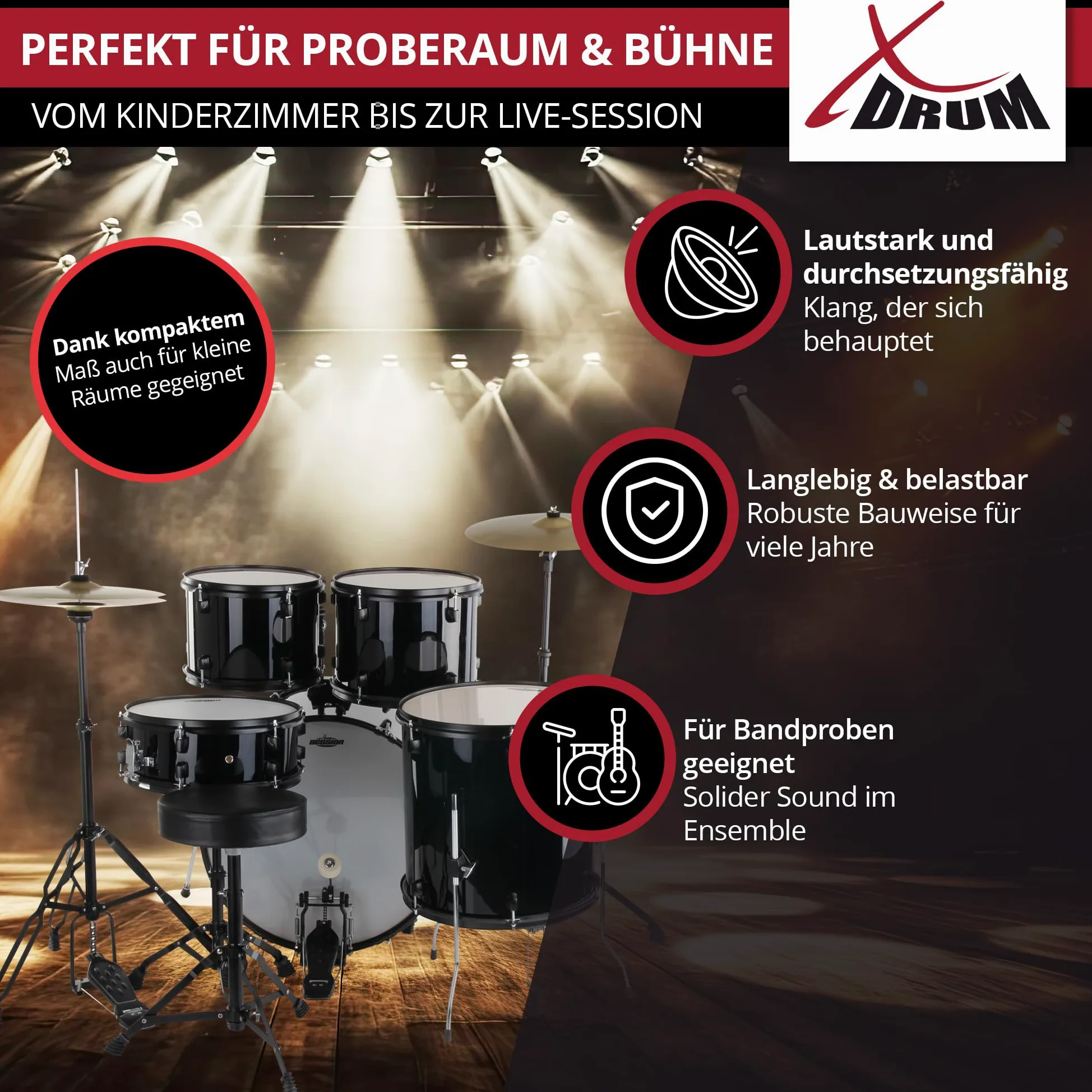 XDrum Rookie Schlagzeug Set Drumset Schwarz (20" BD, 10", 12", 14" TT, 14" SD, Übungsbecken bestehend aus einem Satz Hi-Hat-Becken 14" und 1 Crash-Ride-Becken 16", inkl. Schule & Schlagzeugdämpferset)