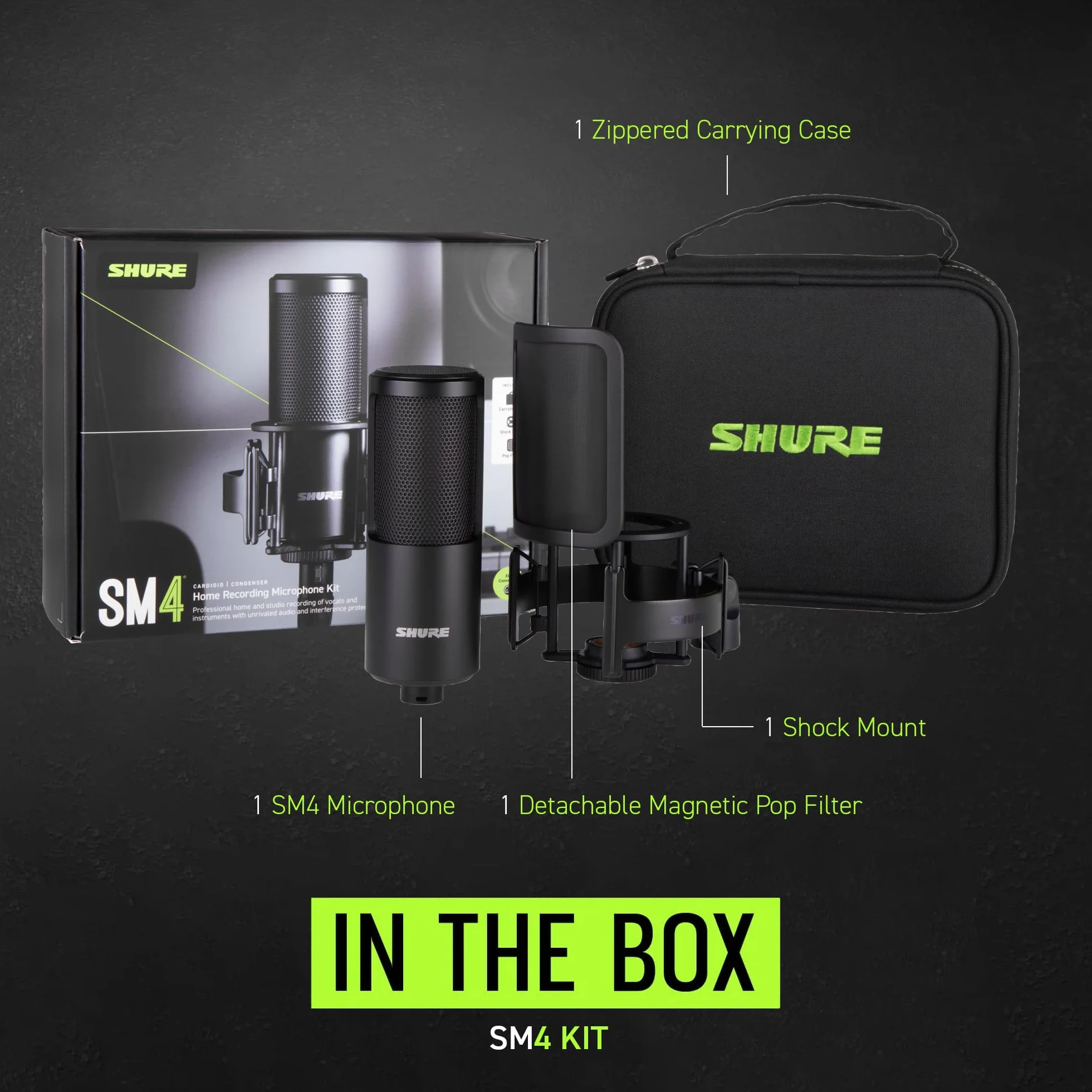 Shure SM4 Studio Recording Mikrofon, XLR Heimstudio Kondensator Mikrofon Optimiert für sanfte Vocals bis zu Lauten Instrumenten mit Mix-Ready Audio - robuste Metallbauweise (SM4-K-KIT)