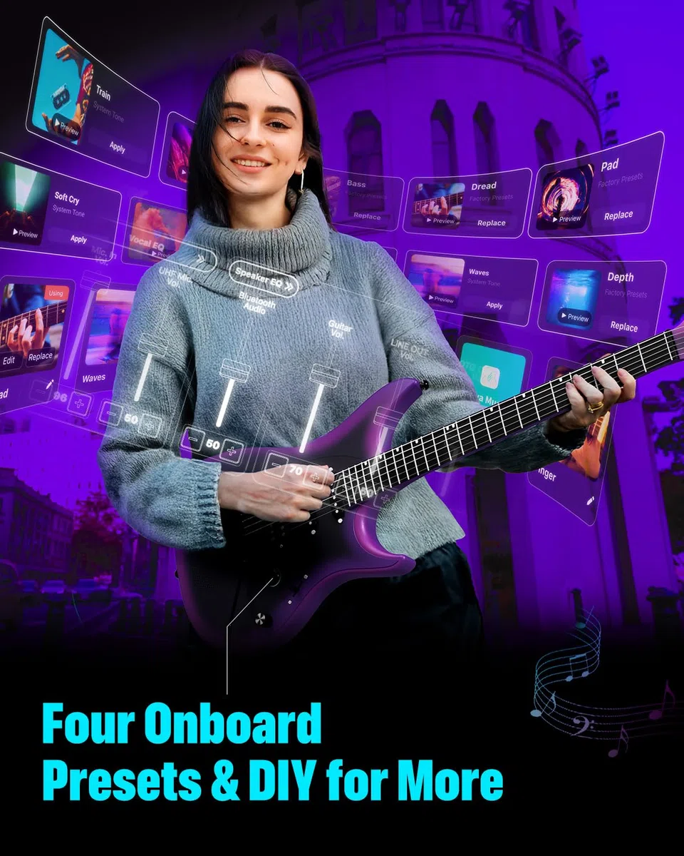 Enya Inspire Gitarre 39" Smart E-Gitarre aus Kohlefaser(Lila) | eingebauter 15W Lautsprecher/20 unterschiedlichen Klängen/integrierte Presets/Ladekabel/Zubehör