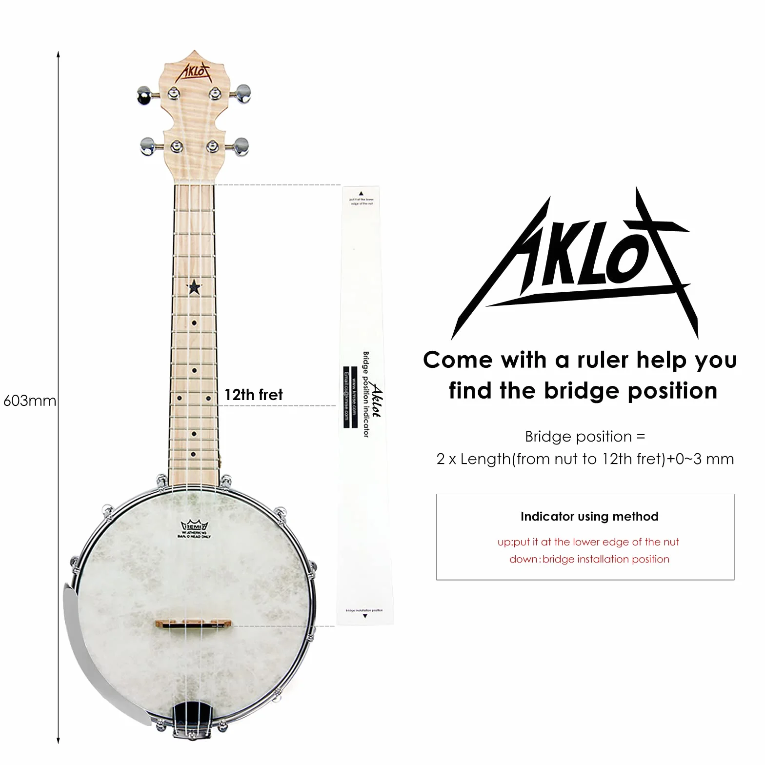 Banjo-Ukulele, AKLOT Konzert, Remo-Drumhead, offener Rücken, Ahornkörper, 15:1, fortschrittliches Stimmgerät mit Zwei-Wege-Halsstab, Gigbag, Stimmgerät, Saitengurt, Plektren