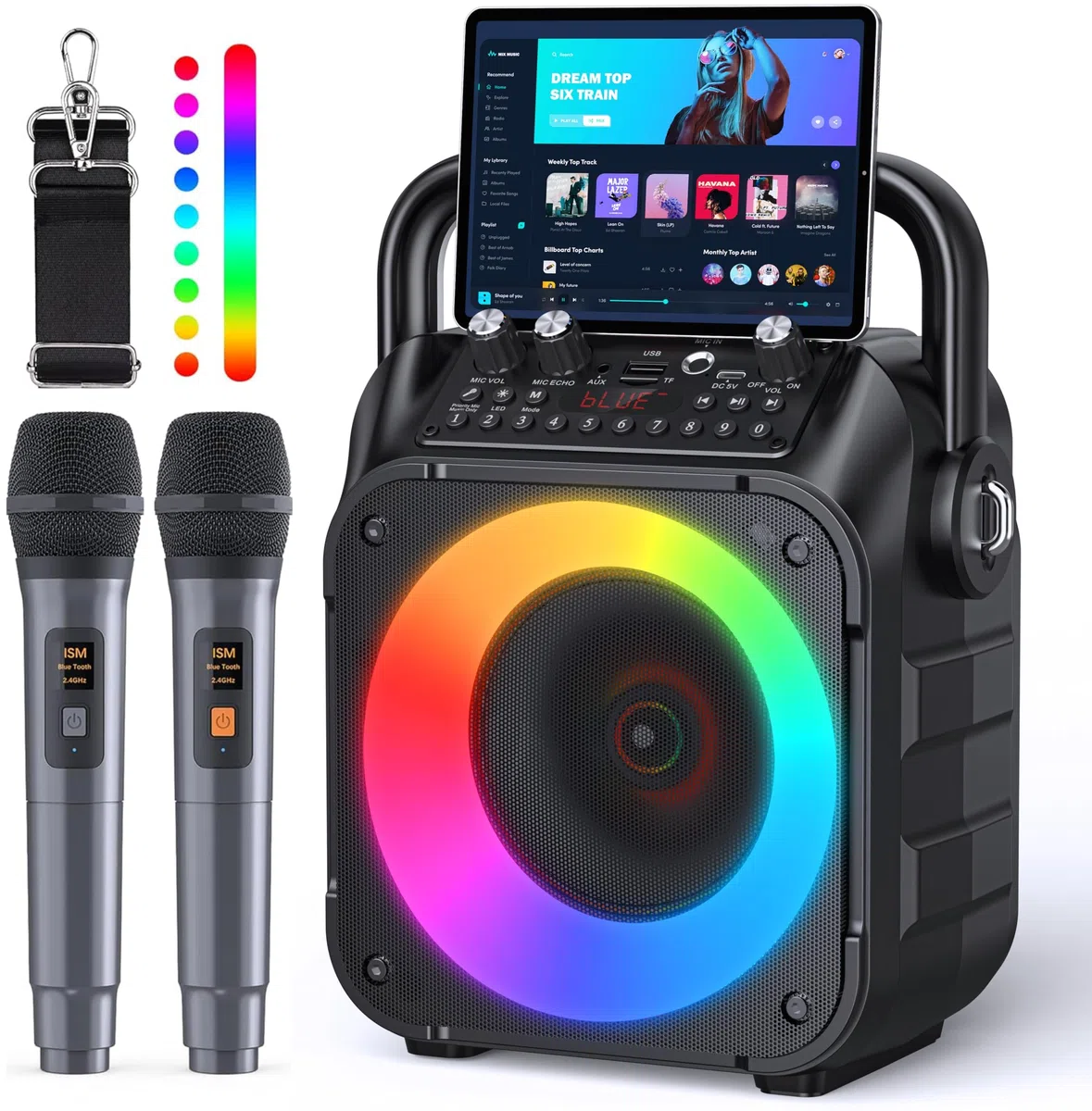 Wowstar Karaoke Maschine mit 2 Mikrofone, Bluetooth Lautsprecher, Lichteffekte, PA Komplettsets, TF/USB, FM, AUX, TWS für Party