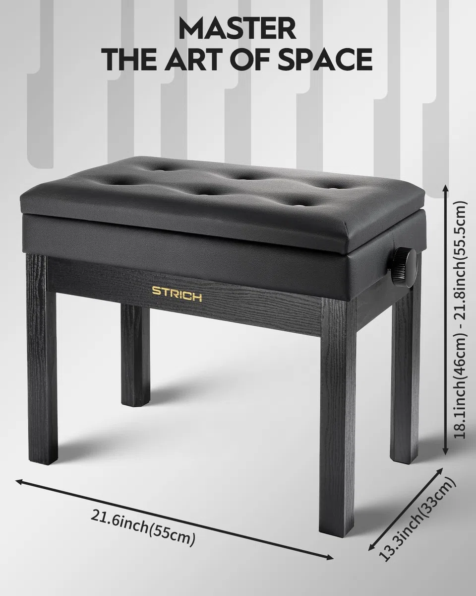 STRICH Klavierbank Höhenverstellbar mit Stauraum, Solid Wood Keyboard Bench Piano Bookcase Stool Chair Seat with High-Density Sponges Cushion, SPB-20
