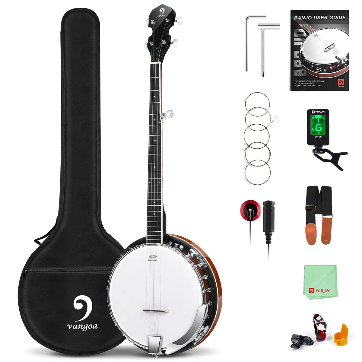 Vangoa Left-handed 5-String Banjo, Mahogany Open-back Banjo with Resonator, with Starter Manual & Beginner Kit