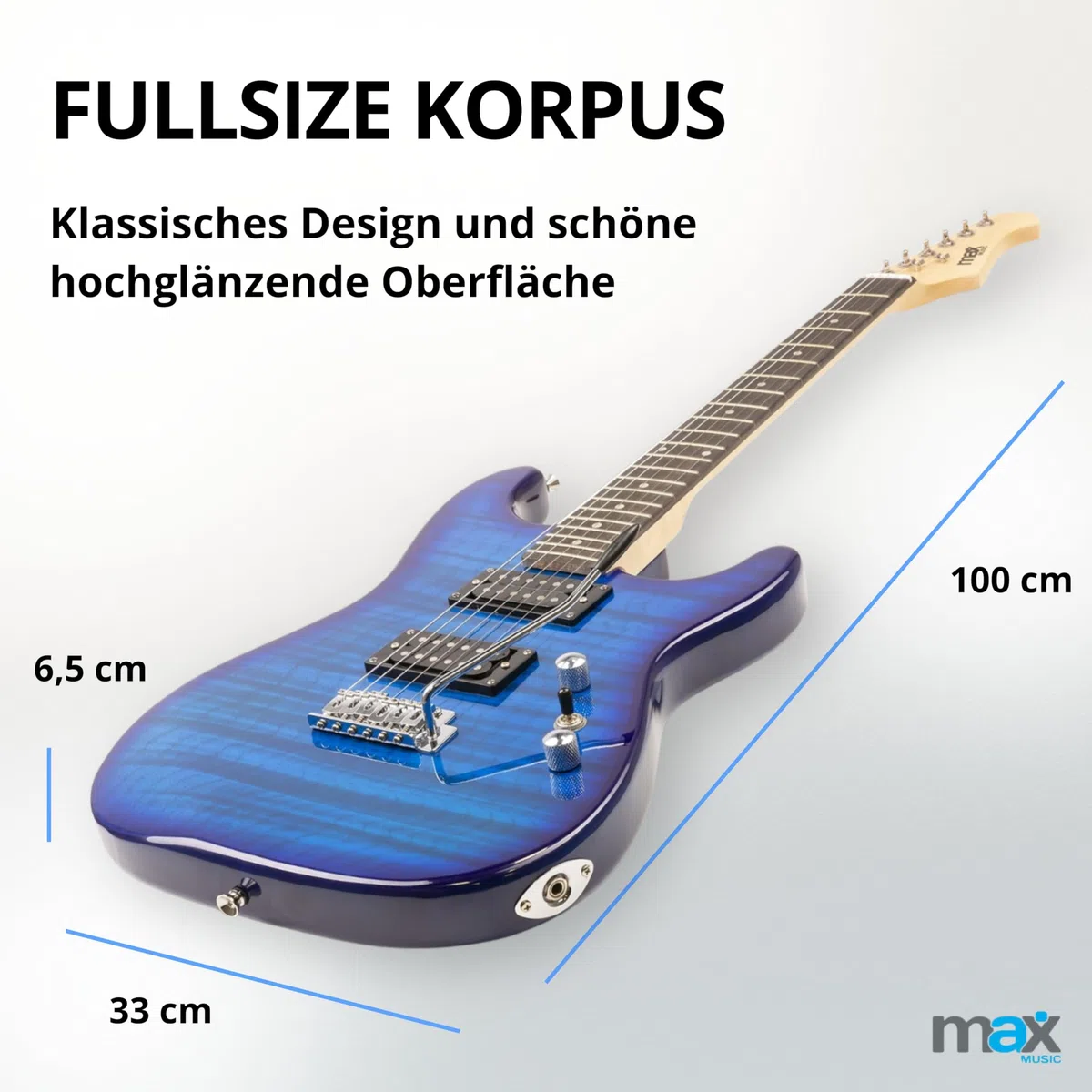 Max GigKit E Gitarre Quilted Style, E Gitarren Set mit Verstärker, Gitarrentasche, Plektrum, Stimmgerät Gitarre, Instrumentenkabel, Ersatzsaiten und Gitarrengurt, 22 Bünde - Dunkel Blau