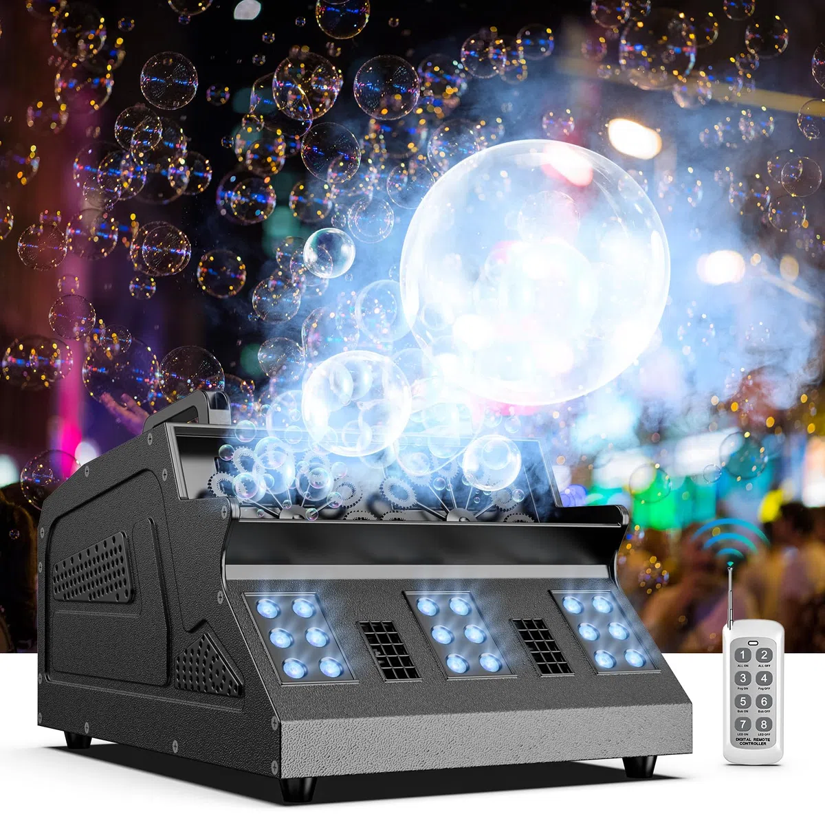 Nebelmaschine mit Blasen, Seifenblasenmaschine 1500W mit 18 RGB 3 in 1 Effekten, Fernbedienung mit DMX-Steuerung, geeignet für Party, DJ, Halloween, Weihnachten, Hochzeit