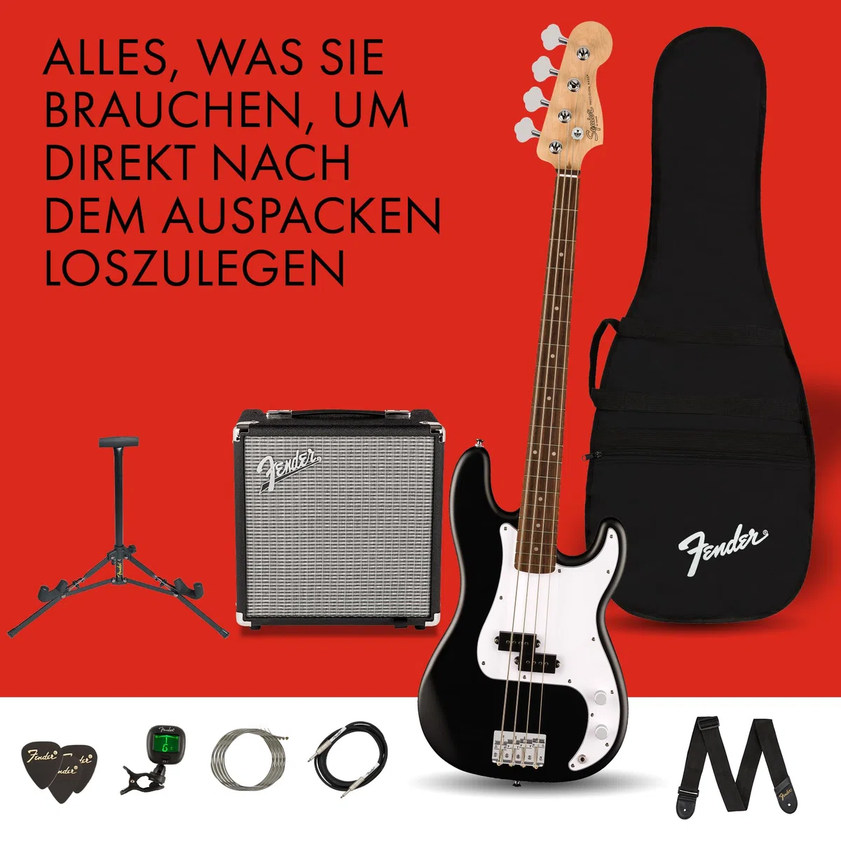 Squier by Fender Debut Collection Precision Bass, Lieferumfang mit Zubehör: - Ständer - Rumble 15 Amp - Gepolstertes Gigbag - Gurt - Bass - 3 m Kabel - FT-1 Stimmgerät