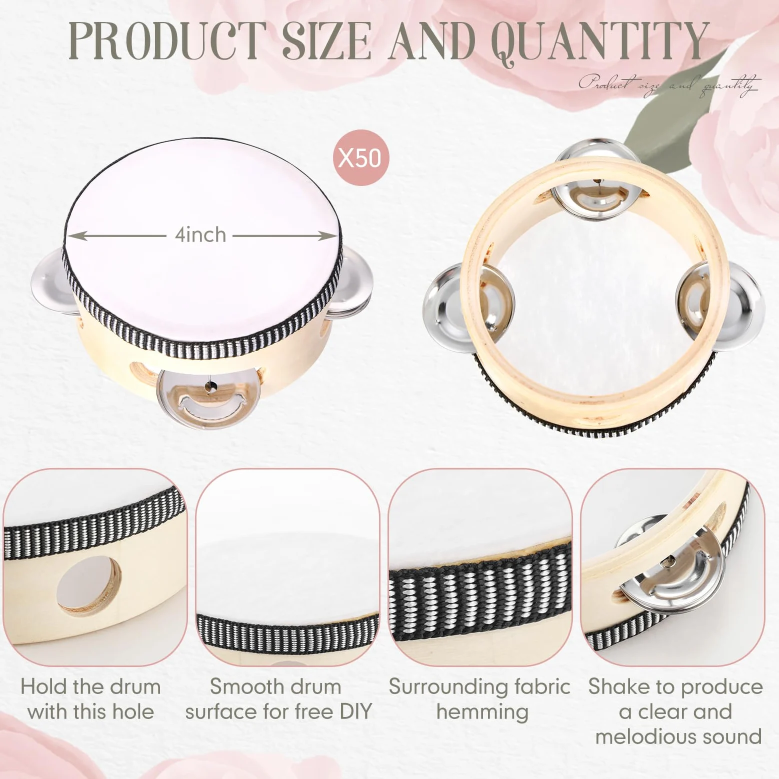 50 Stück 10,2 cm Hochzeit Tamburin Bulk Drum für Erwachsene Hand Handheld Percussion Geschenk Holz Metall Schellen Musikalisches pädagogisches Schlagzeug Instrument für Kirche Hochzeit Party