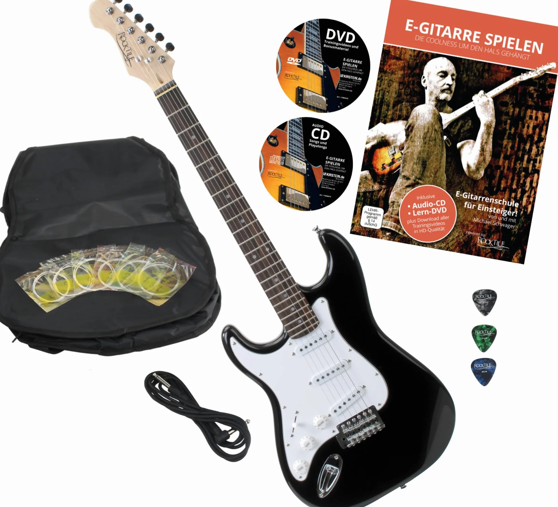 Rocktile Pro ST3-BK/RW-L Linkshänder E-Gitarre Black + Zubehör (Gitarre Gigbag Tasche, Kabel, Plektren, Gitarre Schule mit CD & DVD, Gitarrensaiten)