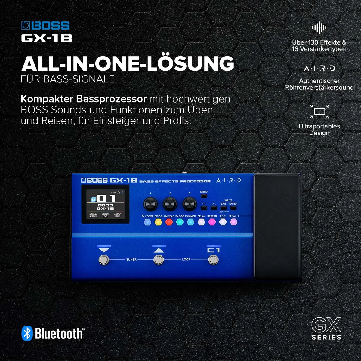 BOSS GX-1B | Ultraportabler Bass-Effektprozessor | Legendäre Verstärker & Effekte | Hochwertige AIRD Soundengine | Ideal für Bass-Einsteiger | Bluetooth-Verbindung | Flexible Leistungsoptionen