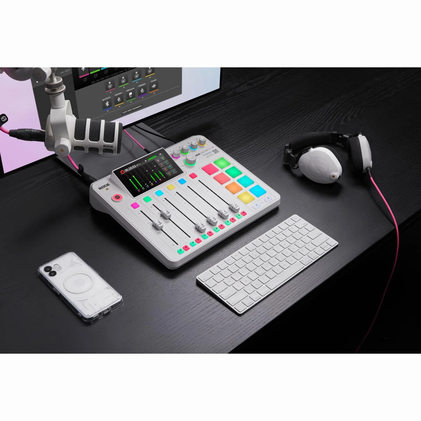 Rode Rodecaster Pro II Audio Production Studio Podcast Station Weiss + Rode Podmic Weiss Mikrofon + keepdrum XLR-Kabel