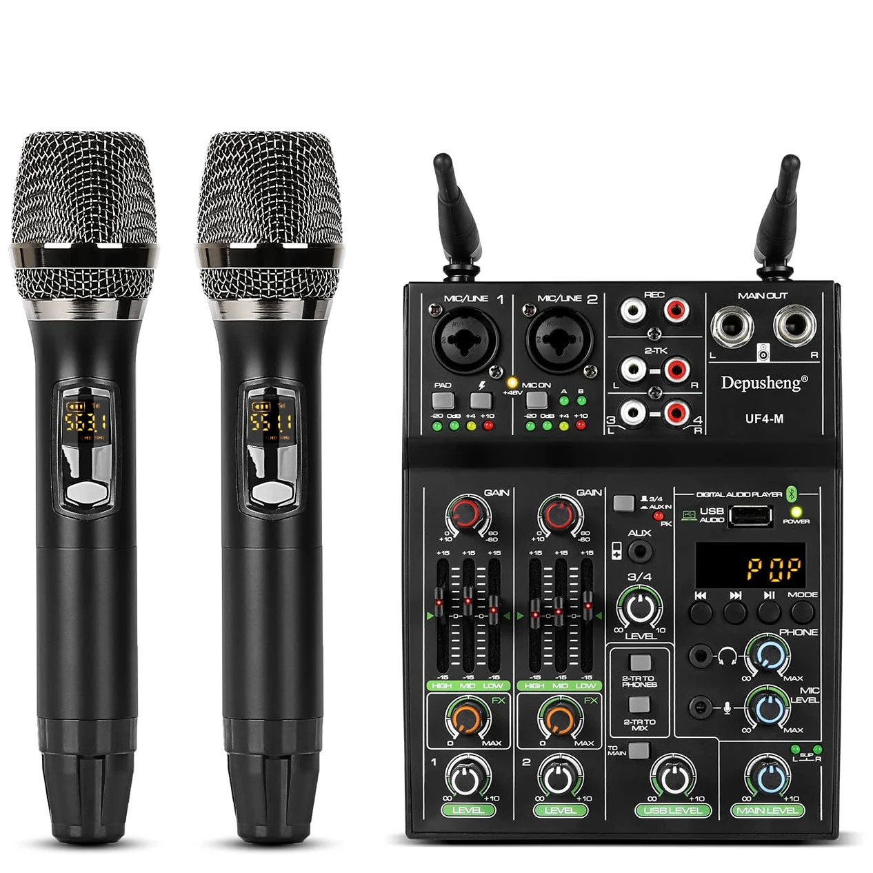 Depusheng UF4-M Studio Audio Sound Mixer Board 4 Kanal Bluetooth kompatibles professionelles tragbares digitales DJ Mischpult mit drahtlosem Mikrofon Mischpulte für Studioaufnahmen