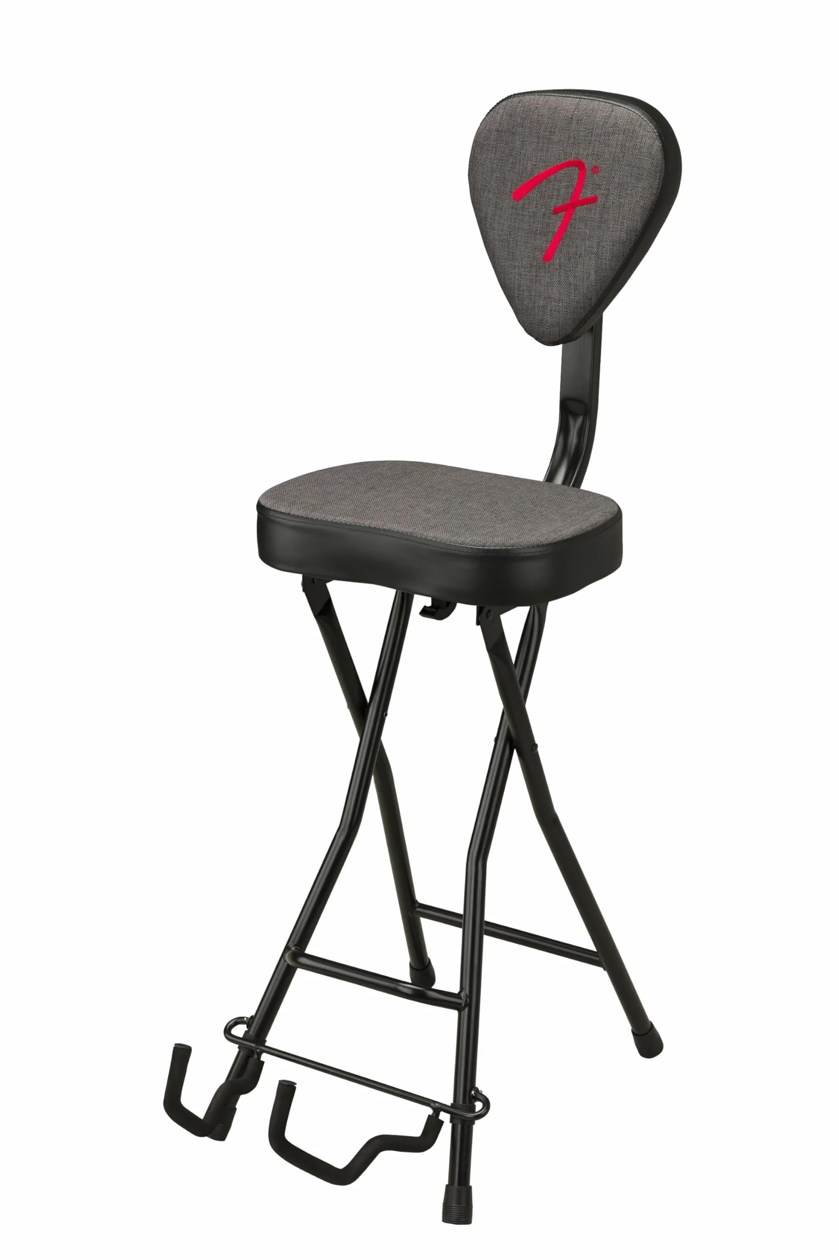 Fender 351 Sitz- und Gitarrenständer-Kombination, Zusammenklappbares Design, Abnehmbare Rückenlehne, Grauer Tweed-Stoff, rutschfeste Füße