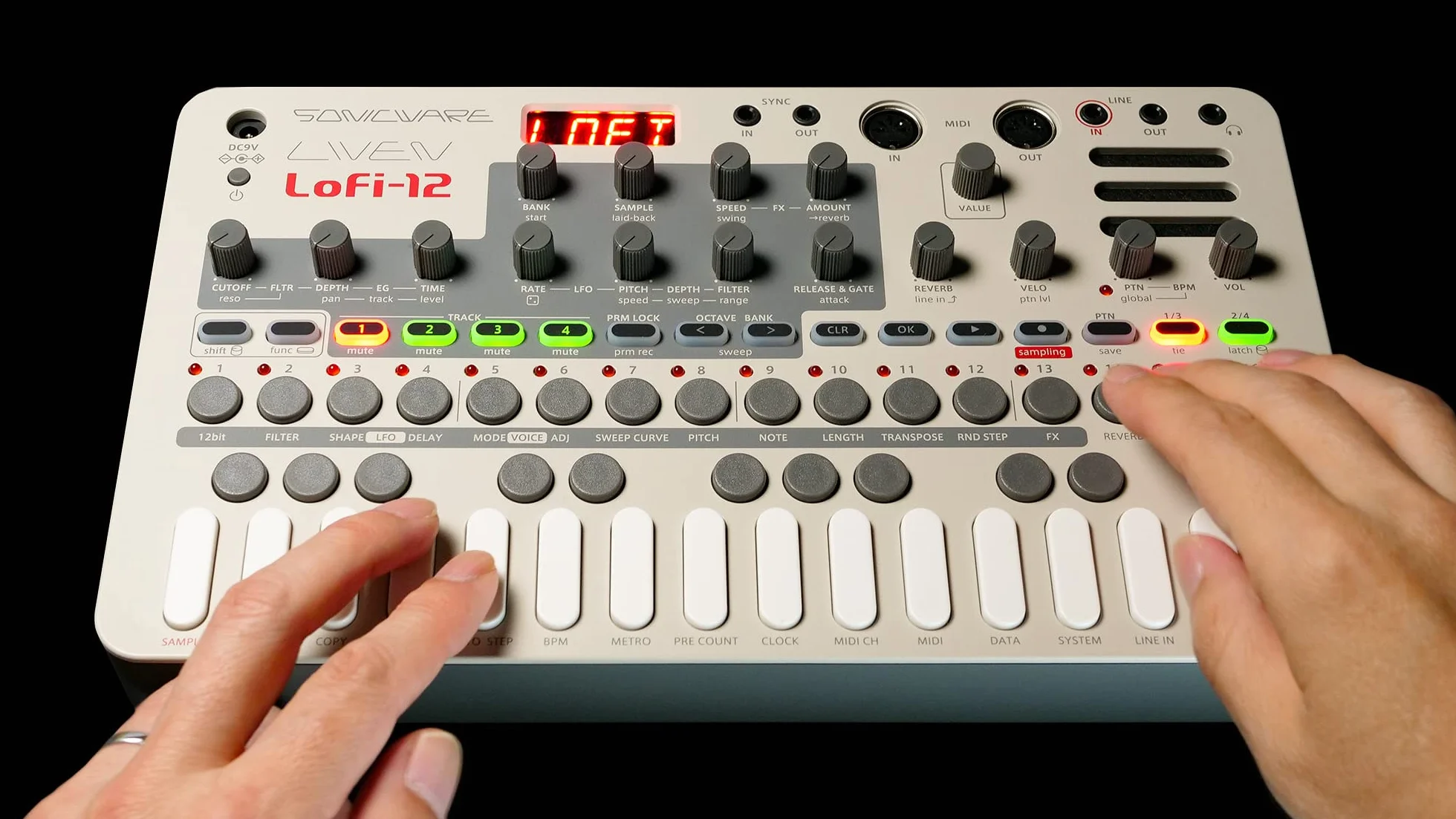 Sonicware LIVEN Lofi-12 [Lo-fi Groovebox & Sampler] Retro-Sampling mit 12bit Sampler-Modus, 4-Spur Step-Sequenzer, 10 Stimmen, 12 Spur-Effekte + 9 Master-Effekt