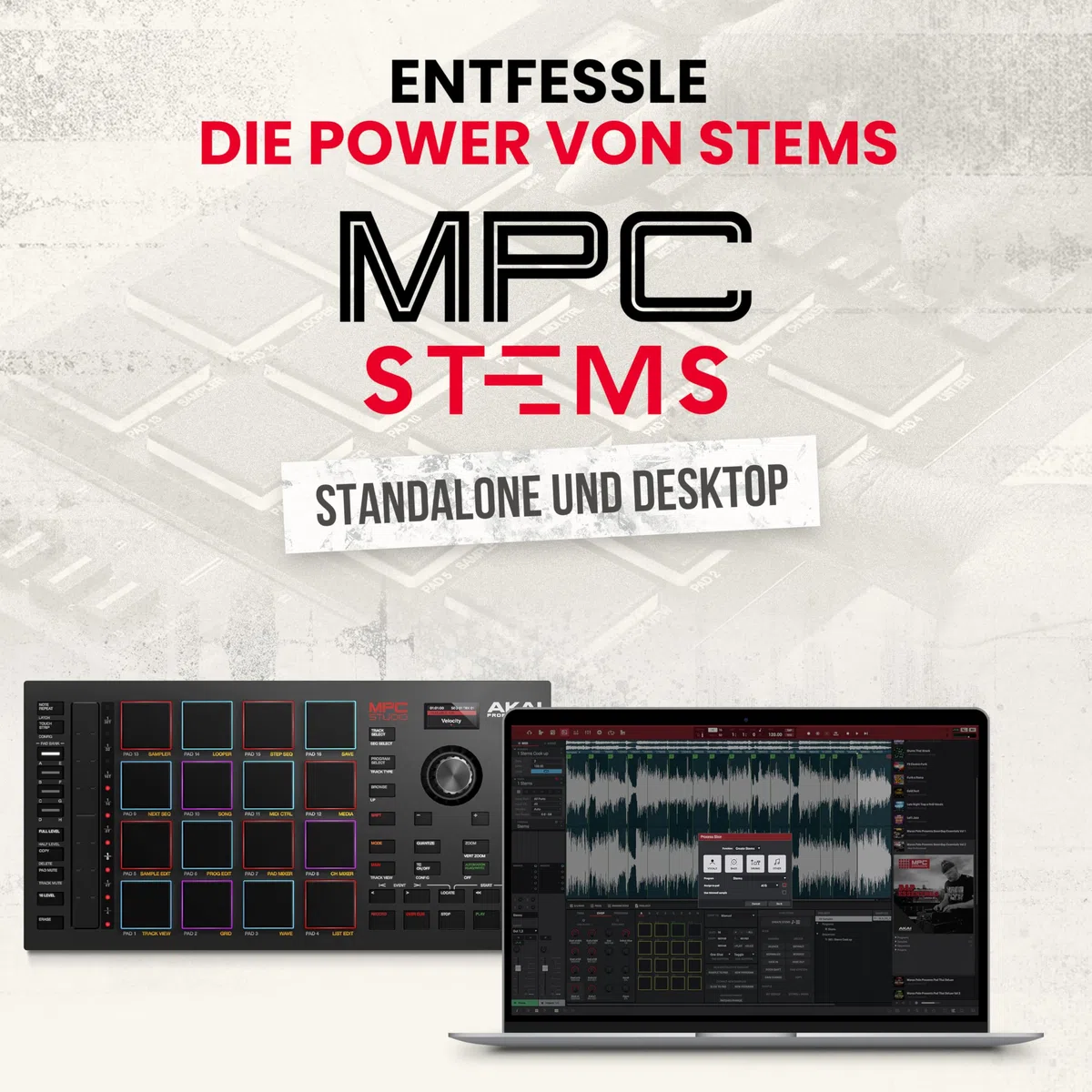 Akai Professional MPC Studio - MIDI Controller Beat Maker mit 16 anschlagdynamischen RGB Pads, MPC Software, zuweisbarem Touch Strip und LCD Display