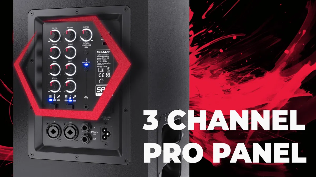 SHARP SumoBox CP-LS100 – Kraftvoller 120W Bluetooth-Lautsprecher mit SAM by Devialet Technologie, 10h Akku, TLS/XLR- & Gitarreneingang, Duo Mode (TWS) – Mobiles PA-System für DJs, Events & Outdoor.