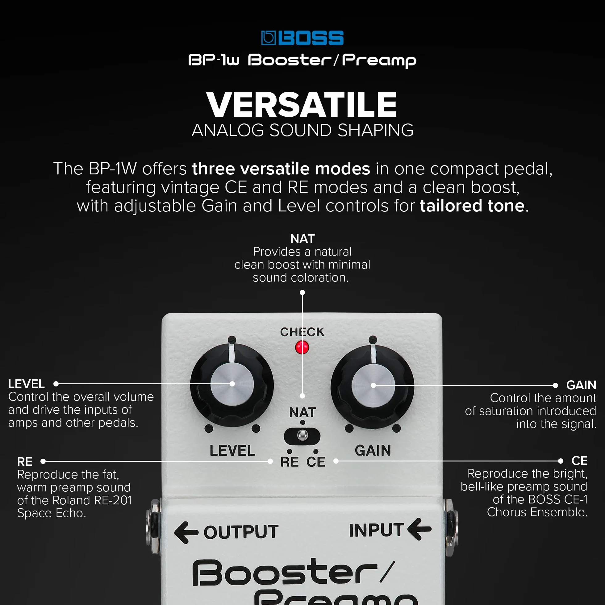 BOSS BP-1W Booster/Preamp, Premium Waza Craft Gitarren-Effektpedal mit analoger Schaltung, Vintage-Sounds CE-1 Chorus Ensemble & Roland RE-201 Space Echo, Standard- & Vintage-Buffer