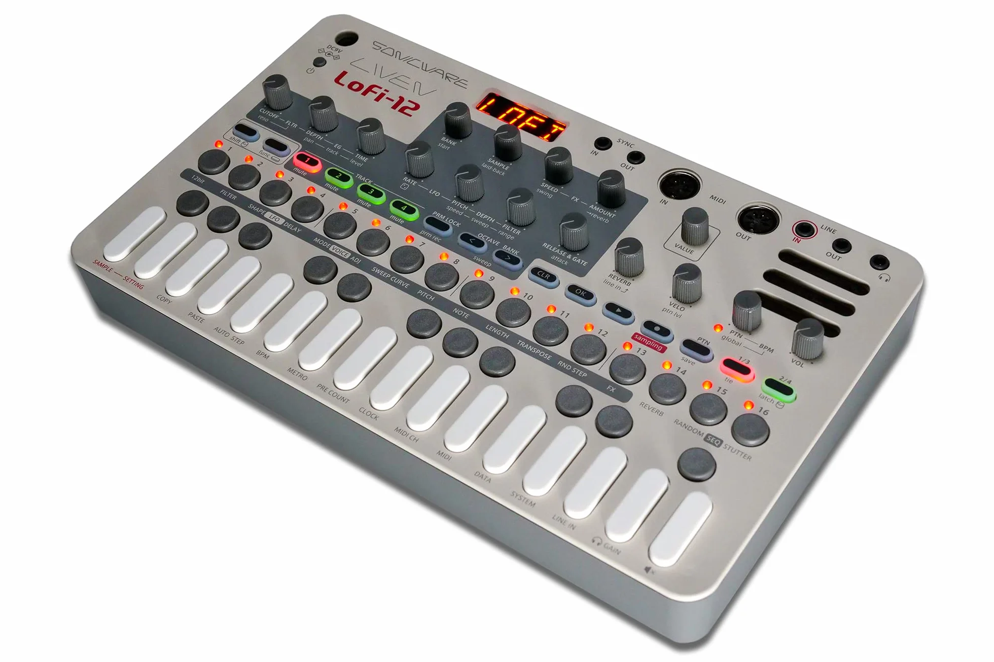 Sonicware LIVEN Lofi-12 [Lo-fi Groovebox & Sampler] Retro-Sampling mit 12bit Sampler-Modus, 4-Spur Step-Sequenzer, 10 Stimmen, 12 Spur-Effekte + 9 Master-Effekt