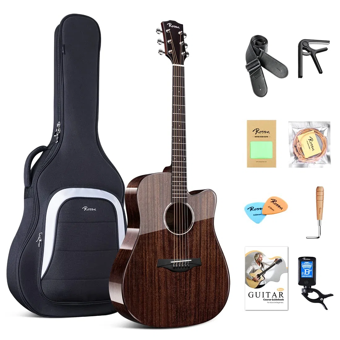 Rosen G31 Dreadnought Akustikgitarre Black Solid Mahagoni Top 41 Zoll Guitarra Full Size Cutaway mit Gloss Finish Bundle Starter Kit mit Gig Bag, Stimmgerät, Saiten, Gurt und Plektren