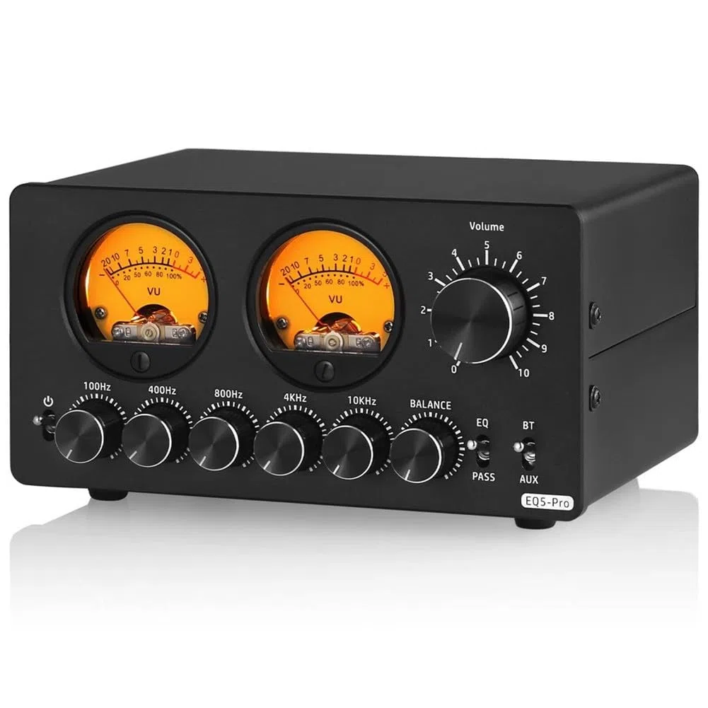 EQ5-PRO 5-Band EQ Equalizer mit BT-Empfänger, Stereo-Audio-Vorverstärker und VU-Meter, Metallgehäuse, Bluetooth 5.0, 100 Hz/400 Hz/800 Hz/4 kHz/10 kHz, Bypass-Modus, Balance-Regelu