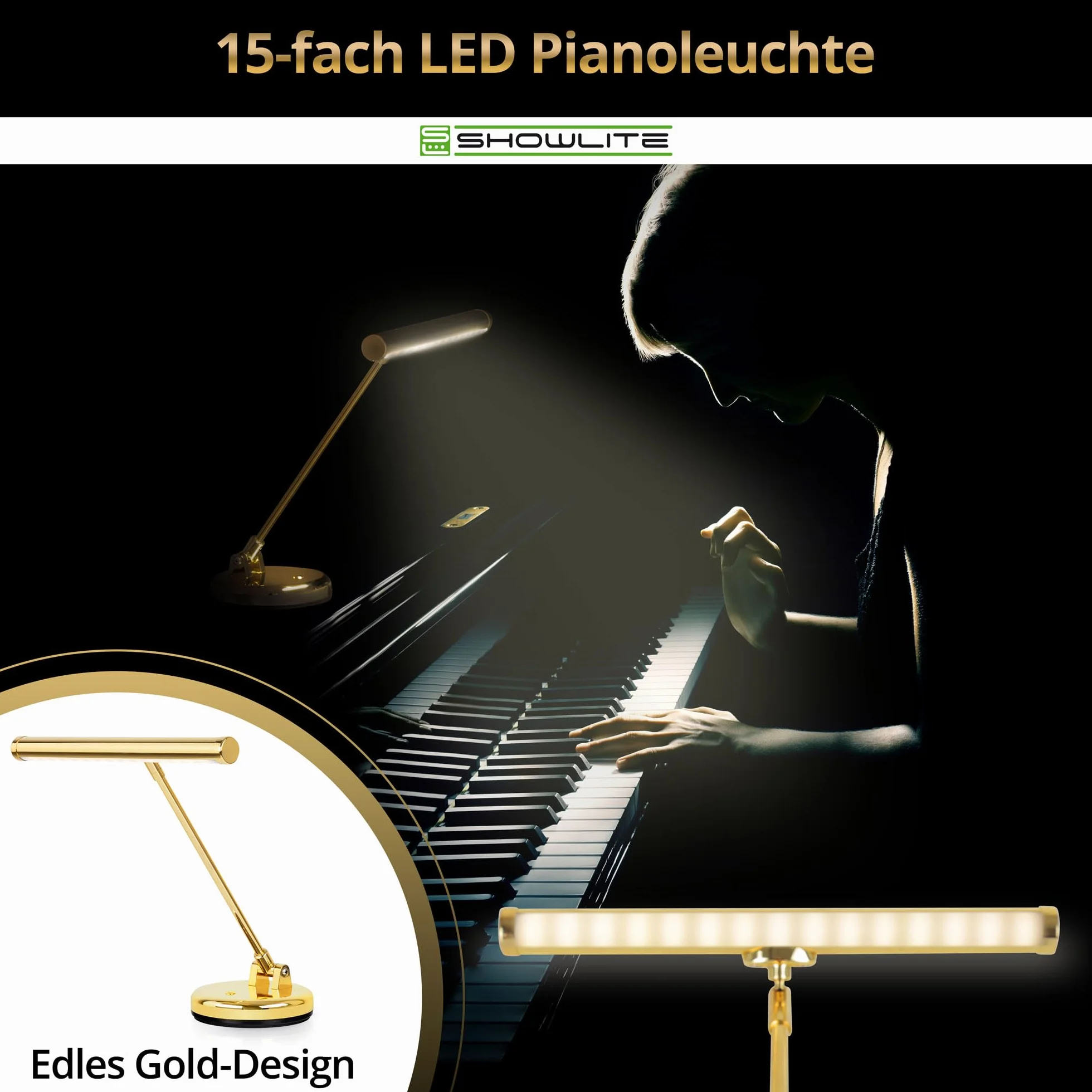 Showlite PL-1-GD-WW LED Klavierleuchte 36 cm warmweiß USB Netzstrom Batterie gold hochglanz