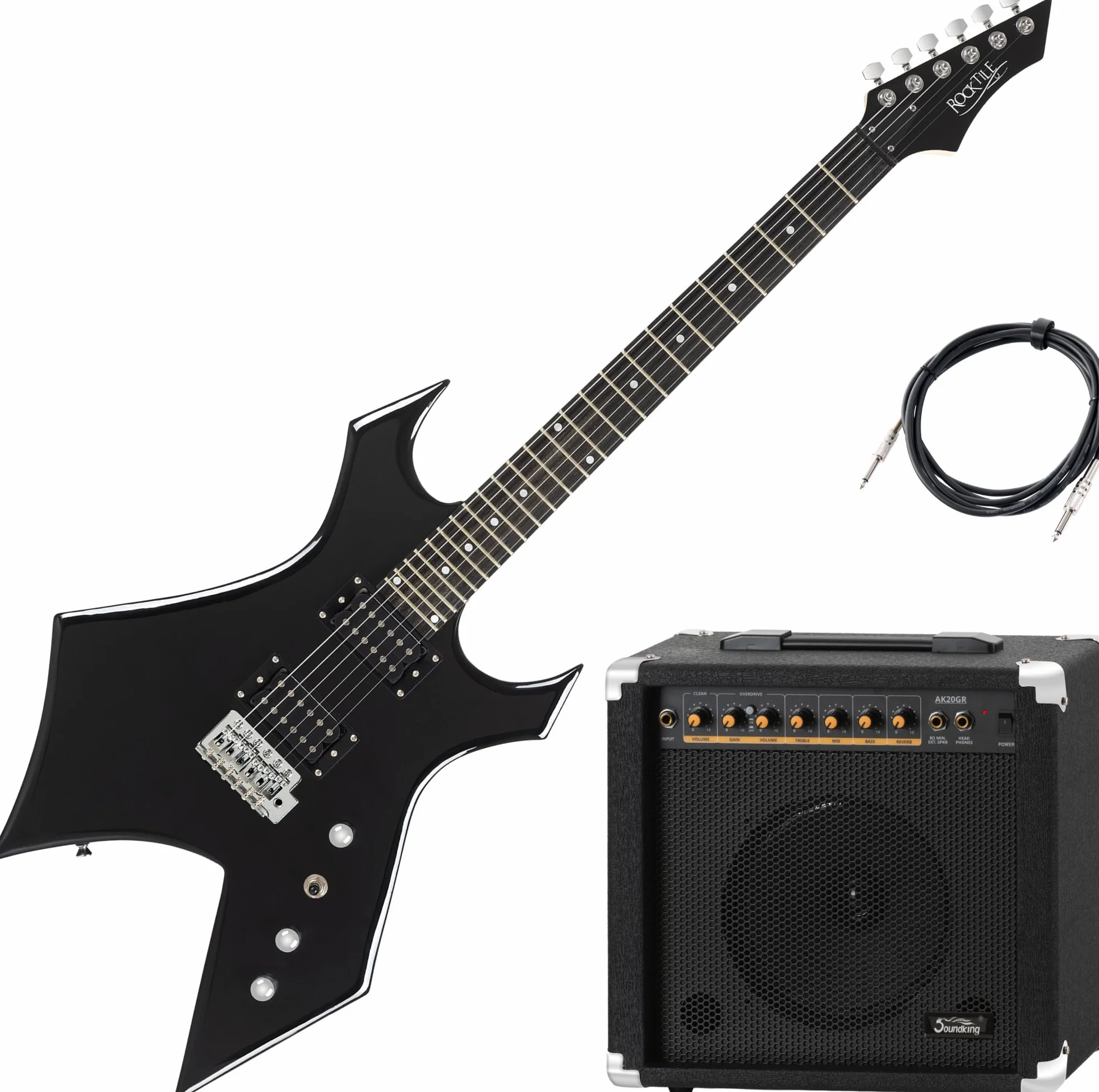 Rocktile Warhead E-Gitarre Set AK20GR - Korpus aus Linde, Griffbrett aus selektiertem Hartholz - Set inkl. 60W Combo-Verstärker & Instrumentenkabel 3m – Ideal für Rock, Metal & mehr – Schwarz