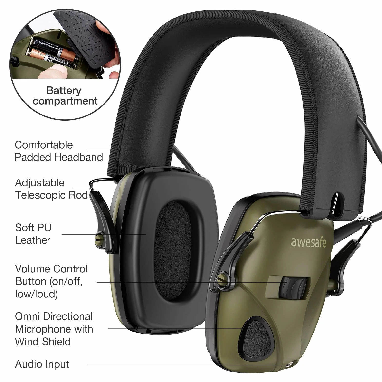 awesafe GF01L Gehörschutz für Schießstand Elektronischer Gehörschutz für Schlagsport, Gehörschutz, Ideal für Schützen und Hunting Schwarz, NRR 24dB [Kommt mit Travel Lagerung Tragetasche]