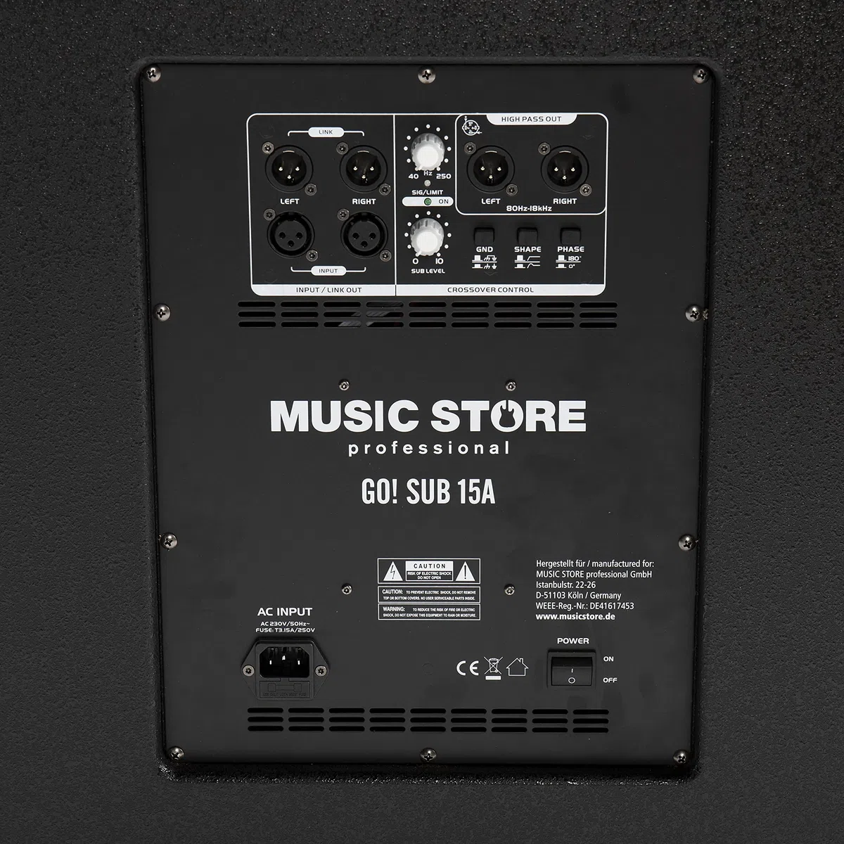 Music Store Go! Sub 15A Aktiver Subwoofer 15 Zoll, 1000 Watt Class D Endstufe, M20 Gewinde, XLR Eingang & Ausgang, 45-250Hz Frequenzgang, Holzgehäuse - Perfekt für Veranstaltungen und Konzerte