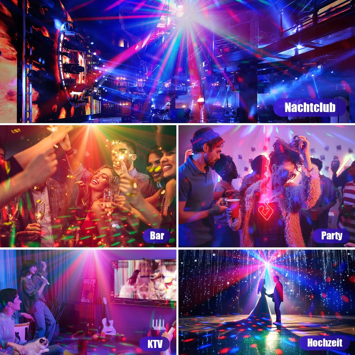 4 in 1 Disco Partylicht mit Discokugel, Musikgesteuerte DJ Disco Licht, RGB LED Par Strahler, Lichteffekte Partylicht für Hauspartys, Clubs, Halloween, Weihnachten