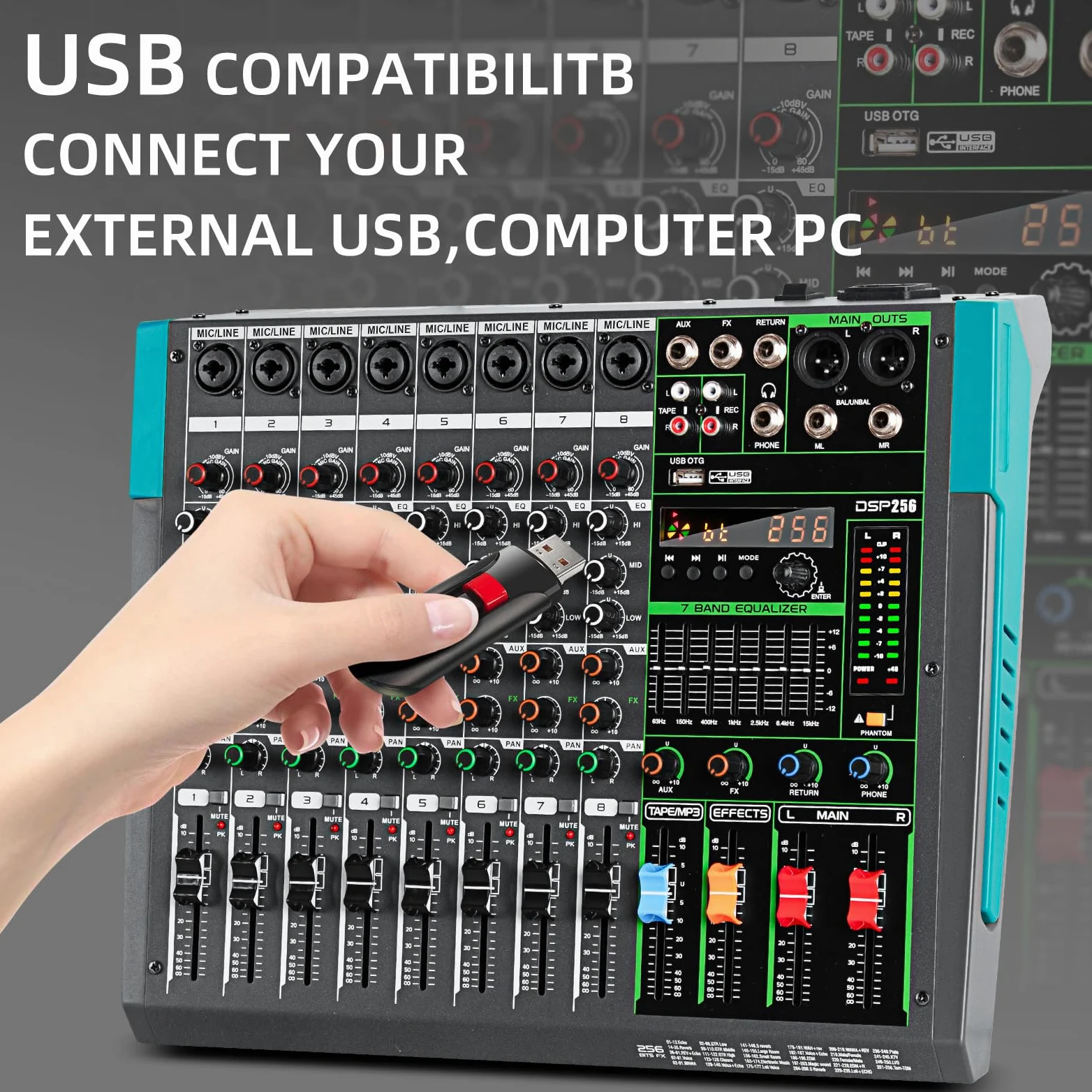 Depusheng PA8 Professioneller Mixer 8 Kanal DJ Konsole mit 256 DSP Effektoptionen Kabellose Bluetooth Verbindung USB Laufwerk 48V Phantomspeisung